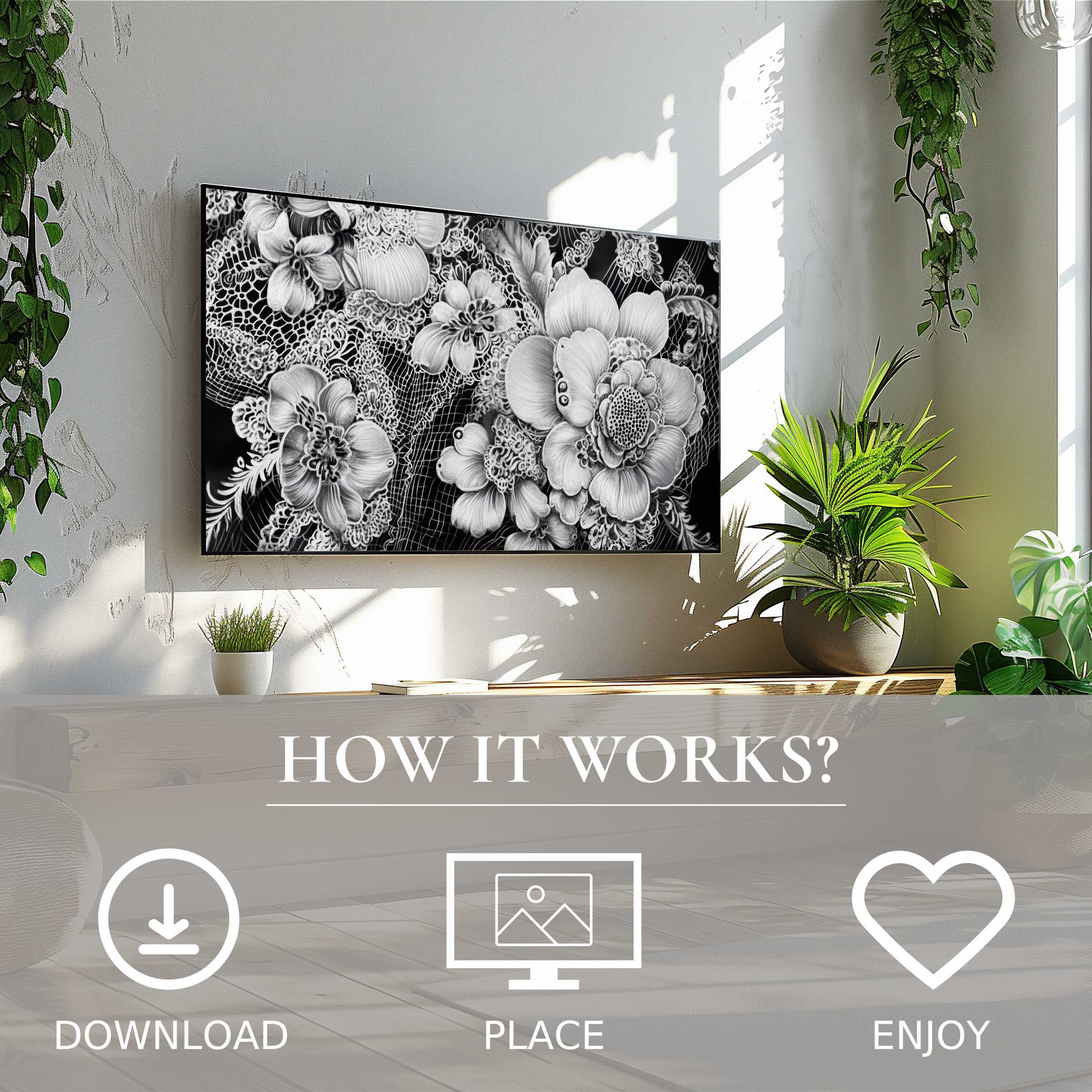 Black and white art for Samsung TV showcasing intricate floral lace motif, easy digital download enriches modern living spaces