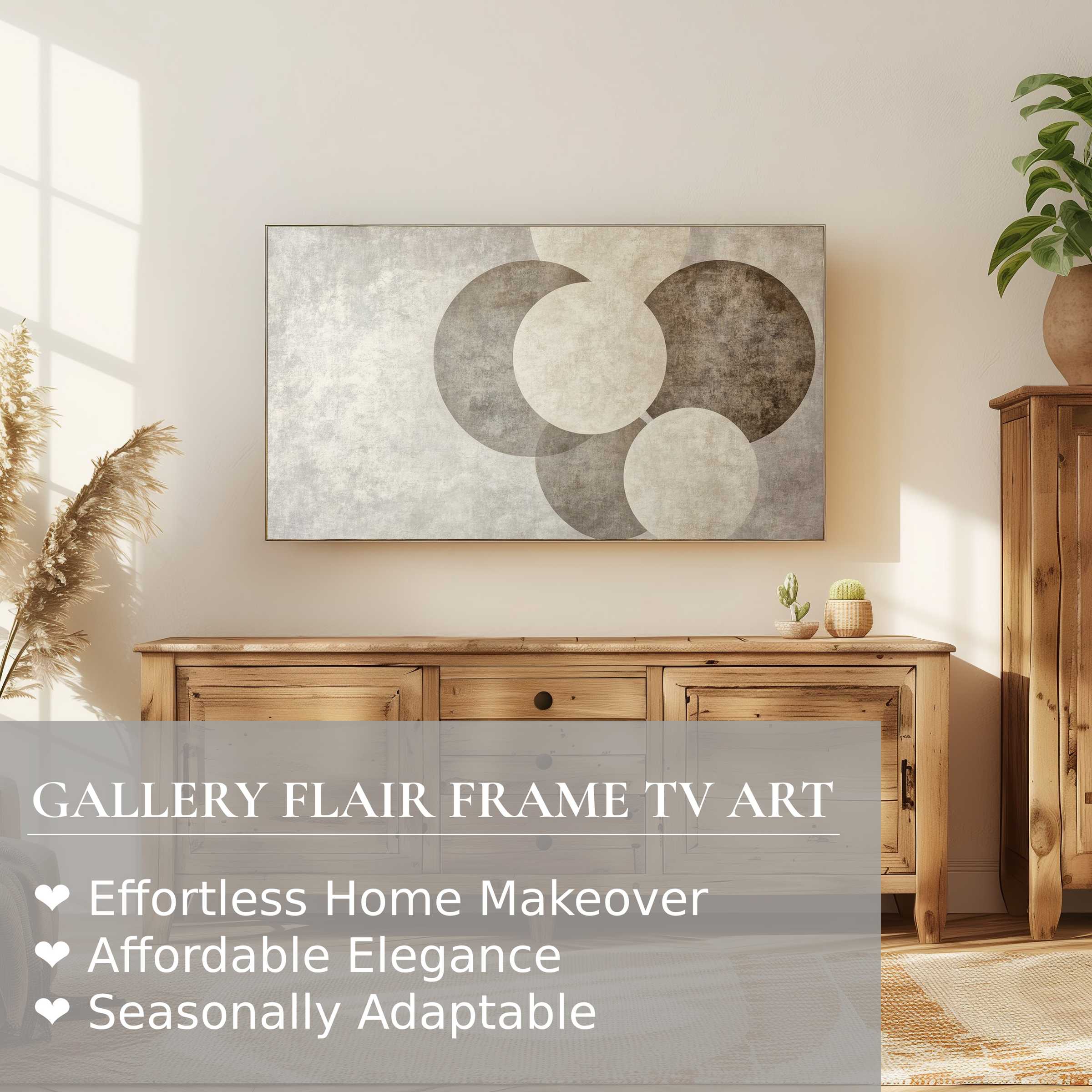 Samsung Frame TV displaying neutral digital artwork with soft circles in a warm, elegant, modern living room