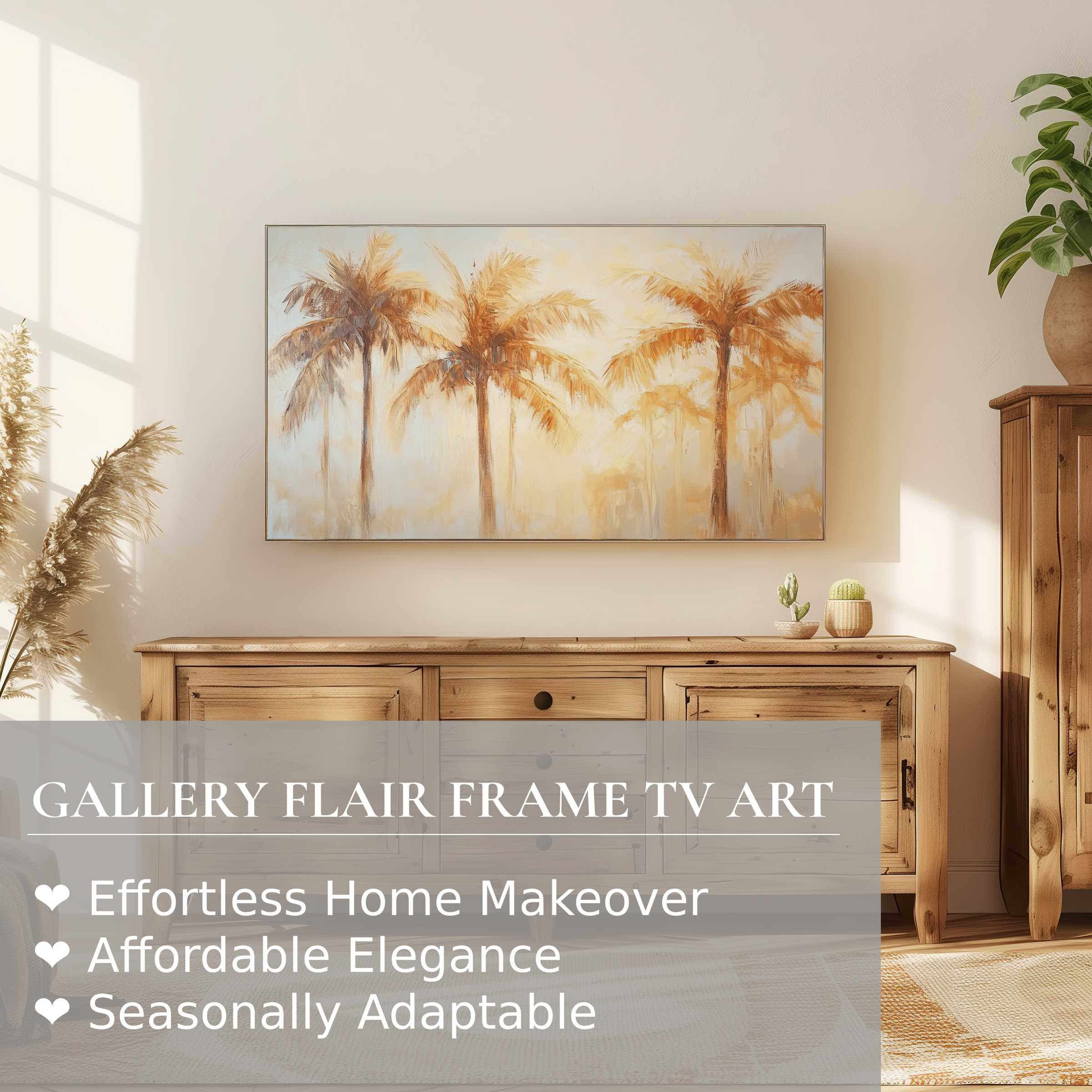 Samsung Frame TV displays soft summer digital artwork of palm trees, perfect for elegant and modern home decor