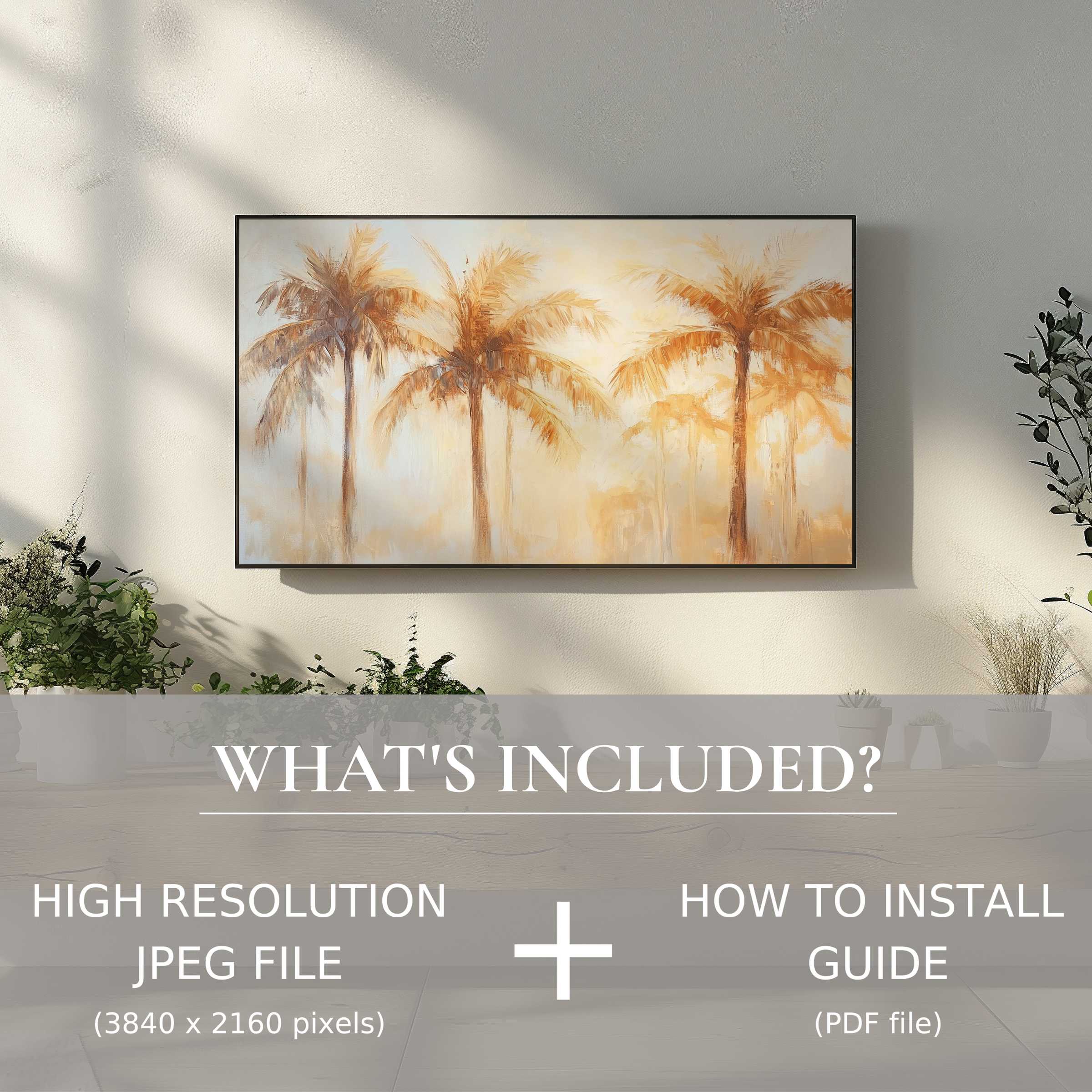 Elegant summer digital TV art download of palm trees, enhancing modern spaces with easy digital use and warm ambiance