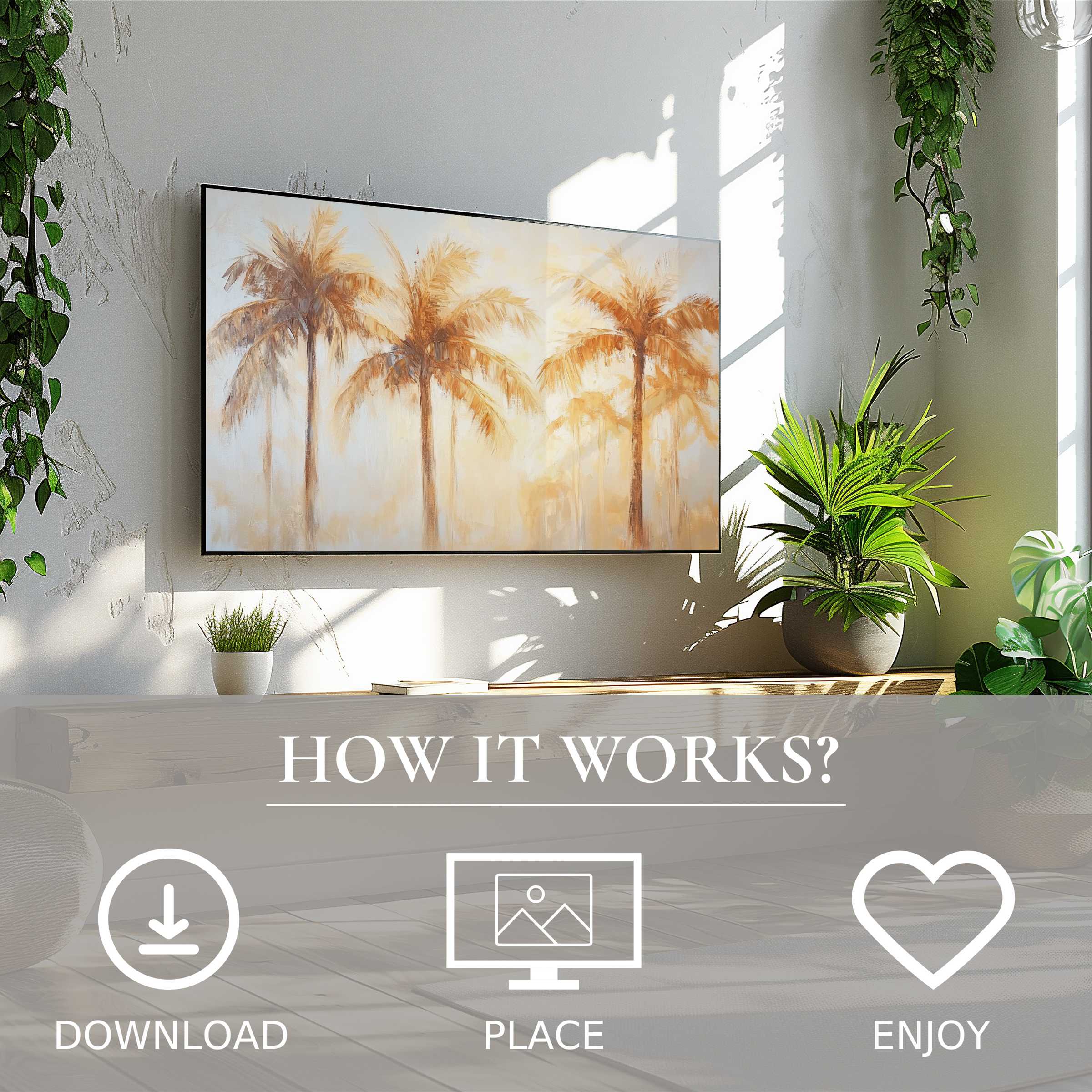 Summer art for Samsung TV shows soft sunset tones of palm trees, easy digital download enhances modern living spaces