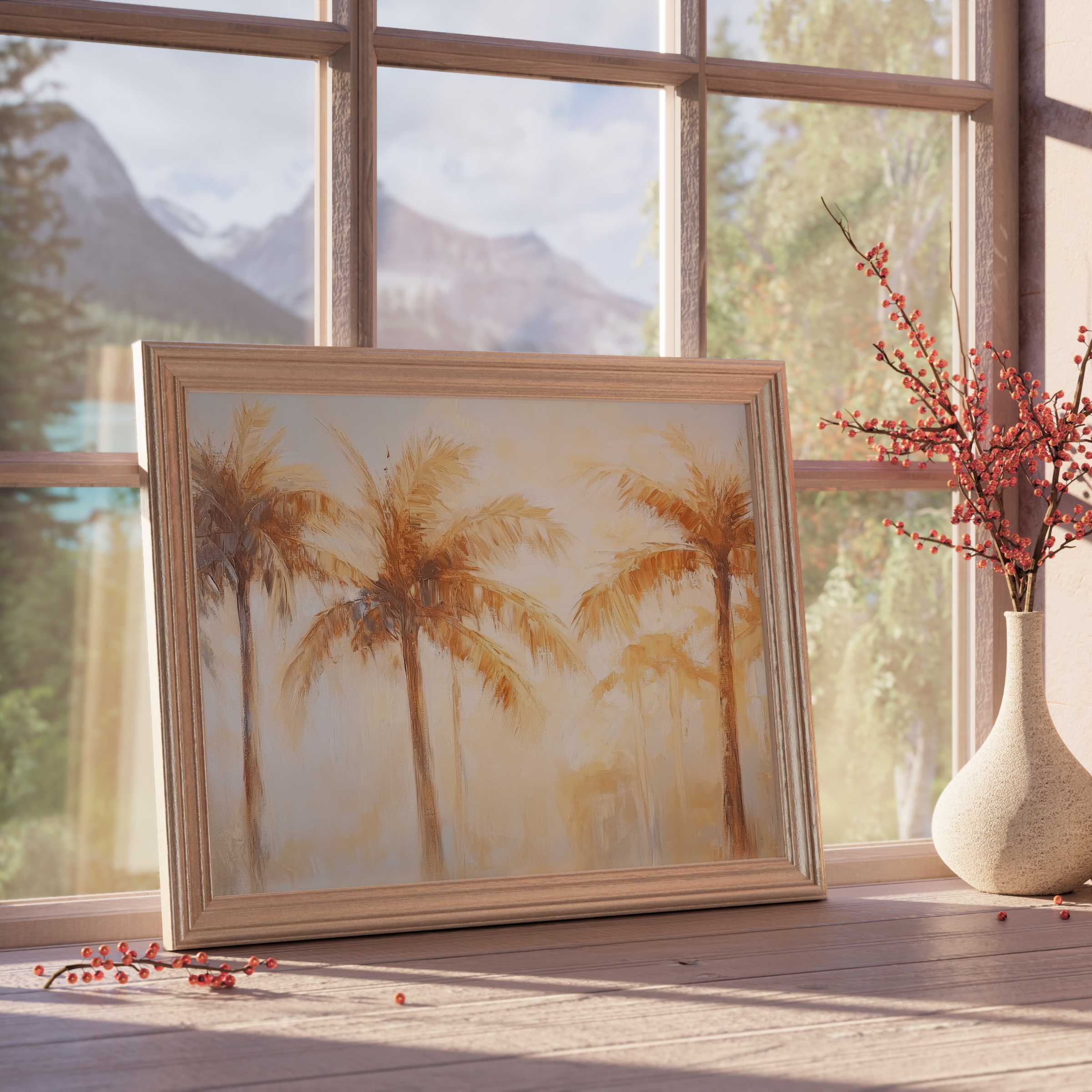 Summer downloadable art capturing warm golden palm silhouettes in soft light, elevating curated modern interiors with tranquil coastal elegance