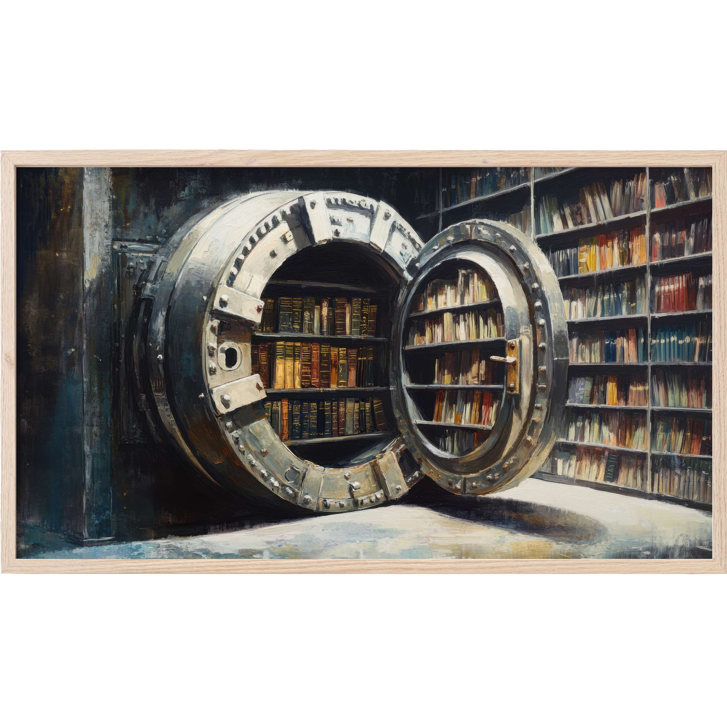 Industrial vault door opens to reveal vintage bookshelves in muted tones, an elegant street art Frame TV Art piece