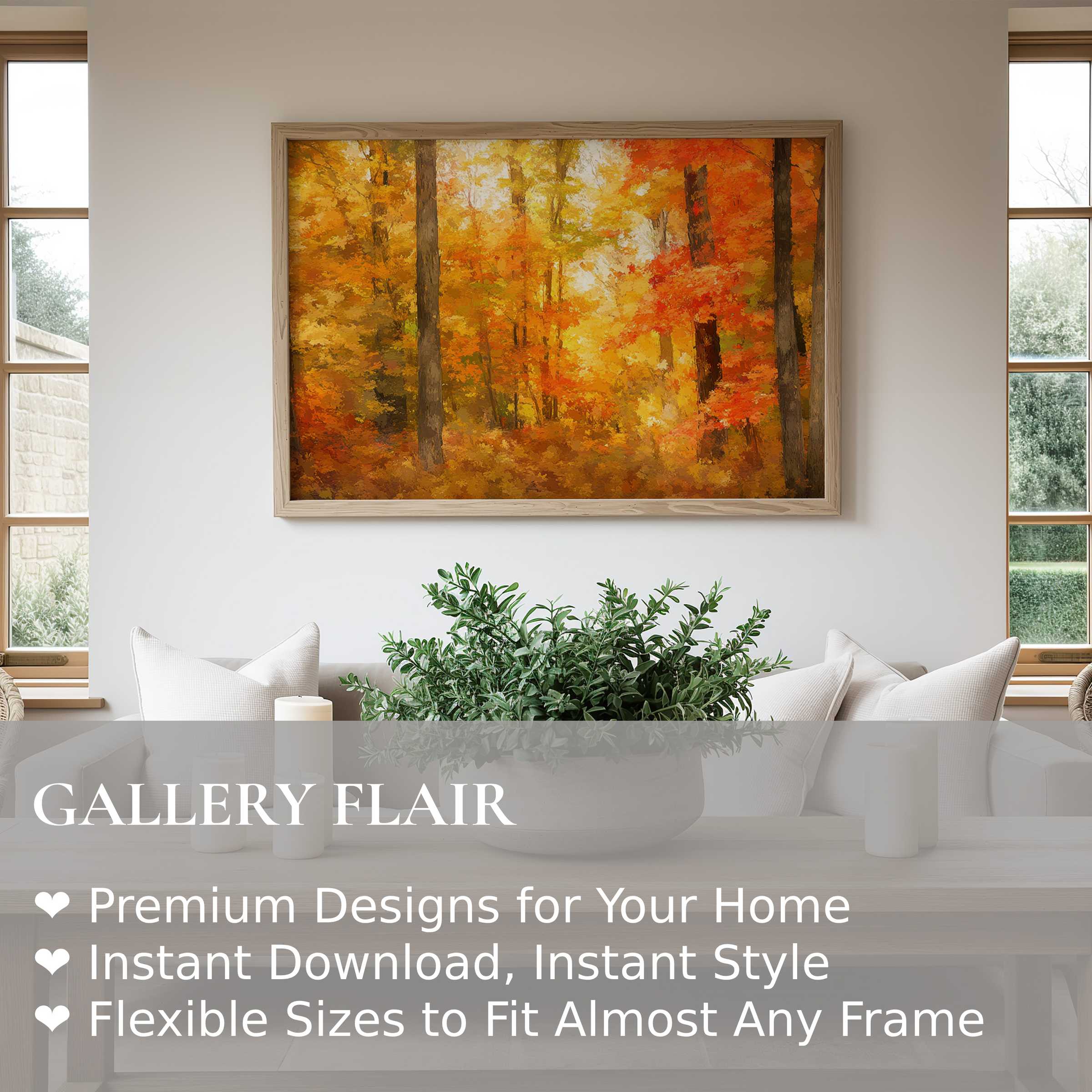 Radiant autumn landscape wall art print with warm hues, enhancing modern minimalist interiors with natural elegance and cozy ambiance