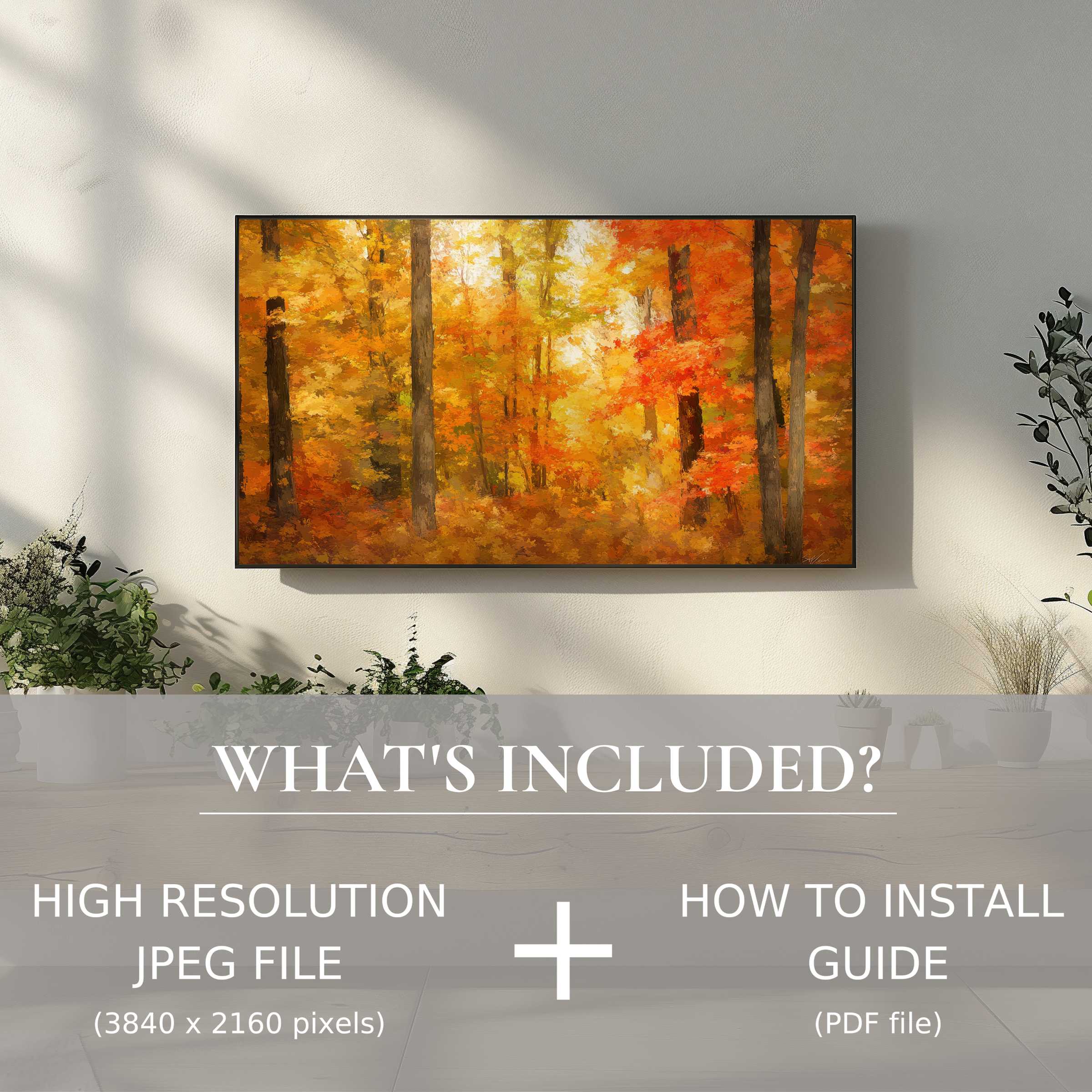 Elegant landscape digital TV art download showcasing autumn hues, enhancing living spaces with effortless digital use