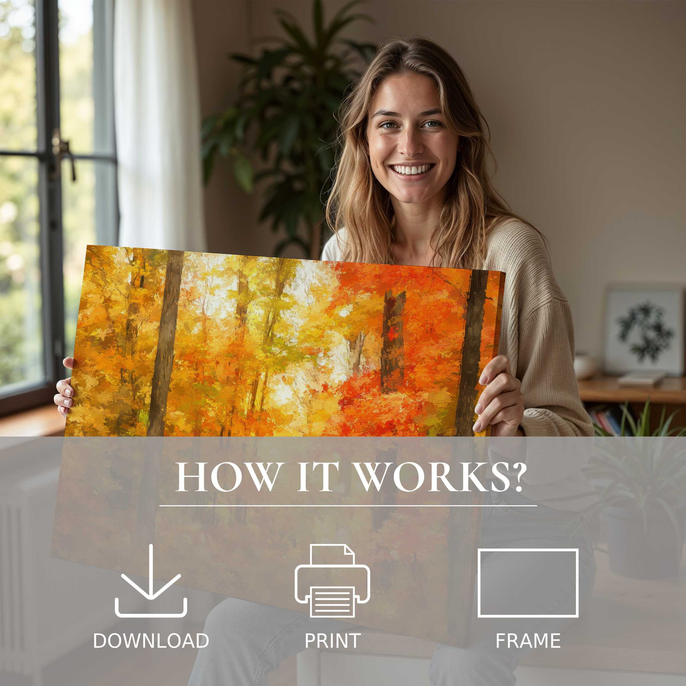 Radiant landscape digital art print in warm autumn hues, embodying joy and effortless elegance in a stylish modern home