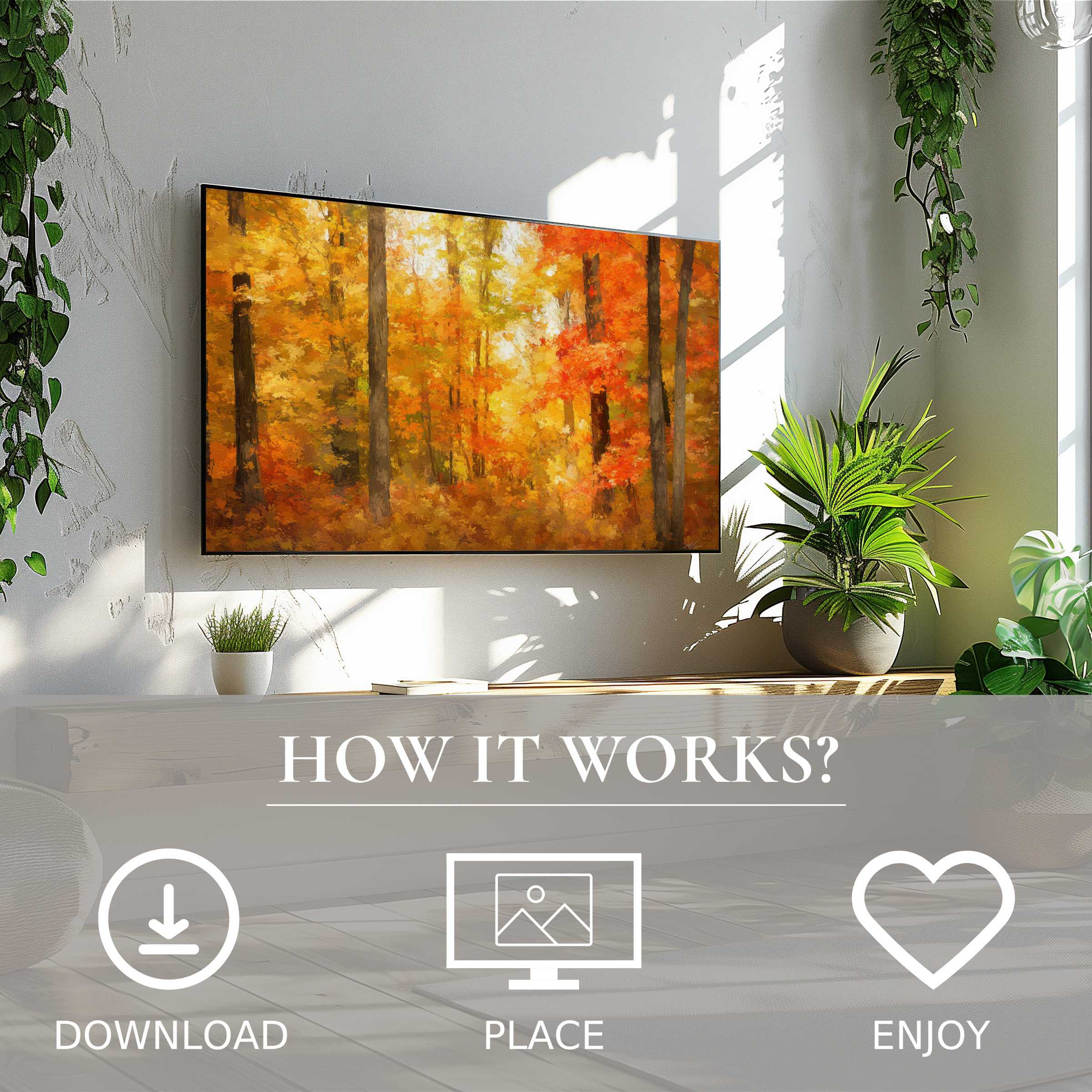 Modern living room with easy digital download landscape art for Samsung TV; warm autumn forest tones enrich space