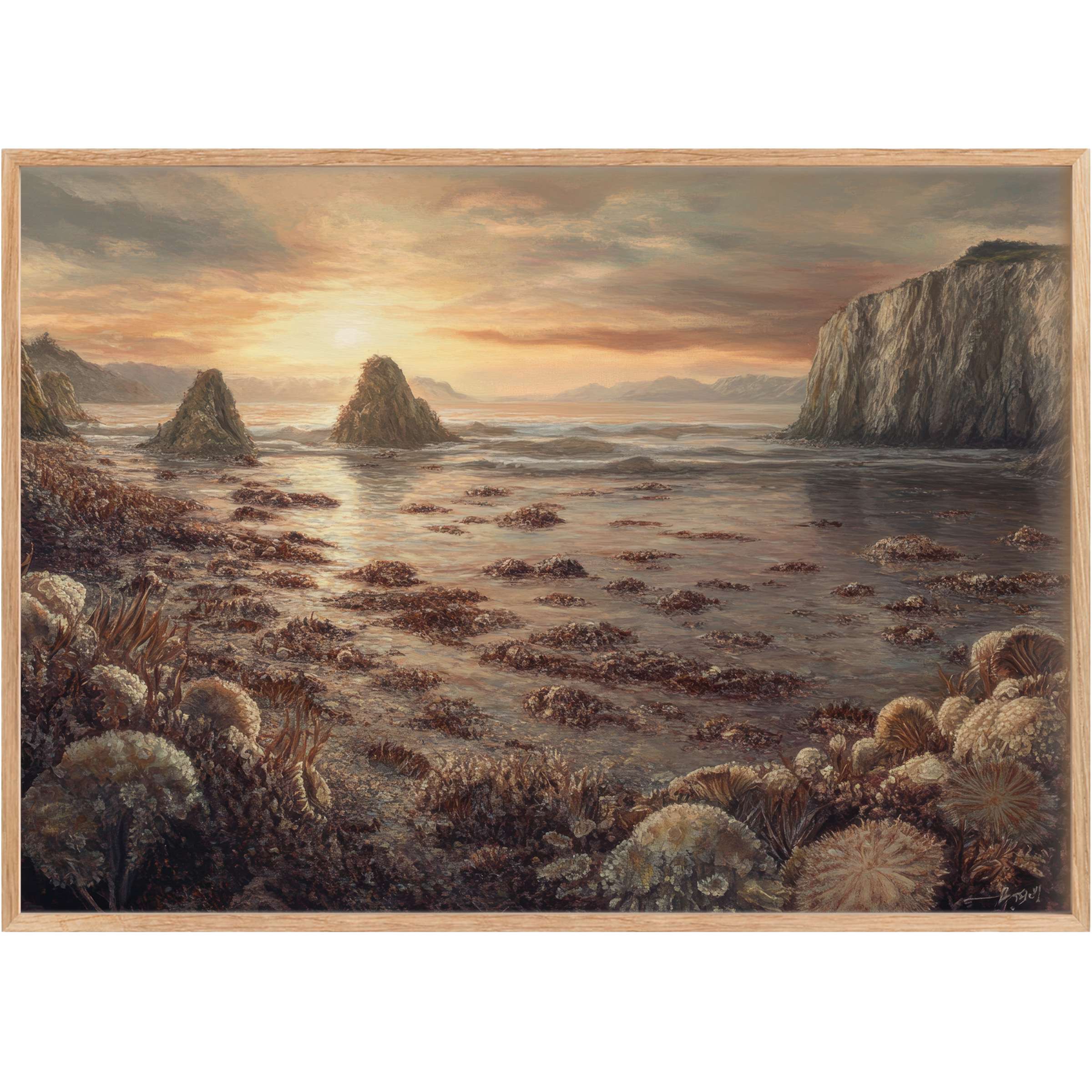 Coastal printable wall art capturing a tranquil sunset over textured shorelines with warm amber and muted ocean hues