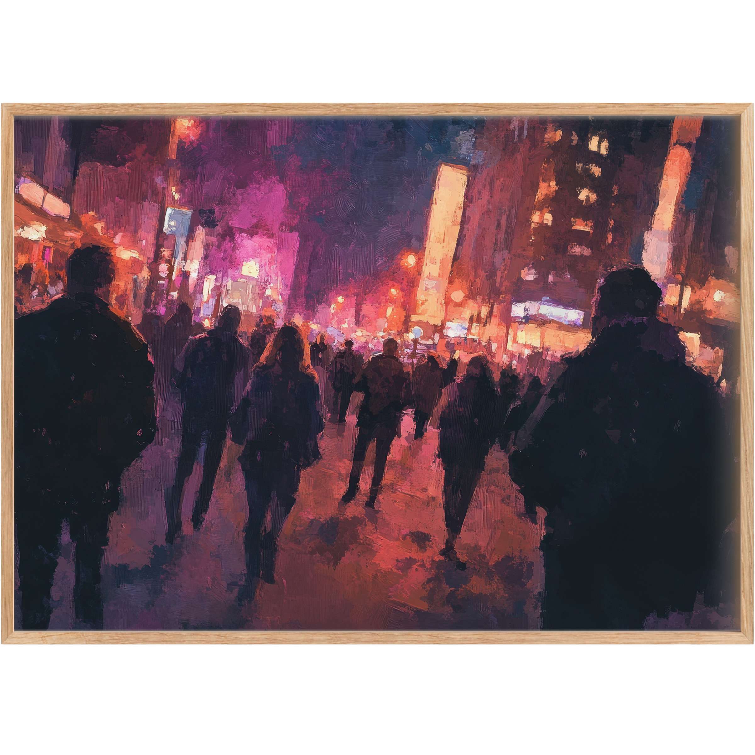 Urban printable wall art capturing a vibrant city night alive with moody purples and glowing amber lights, evoking dynamic energy and modern sophistication