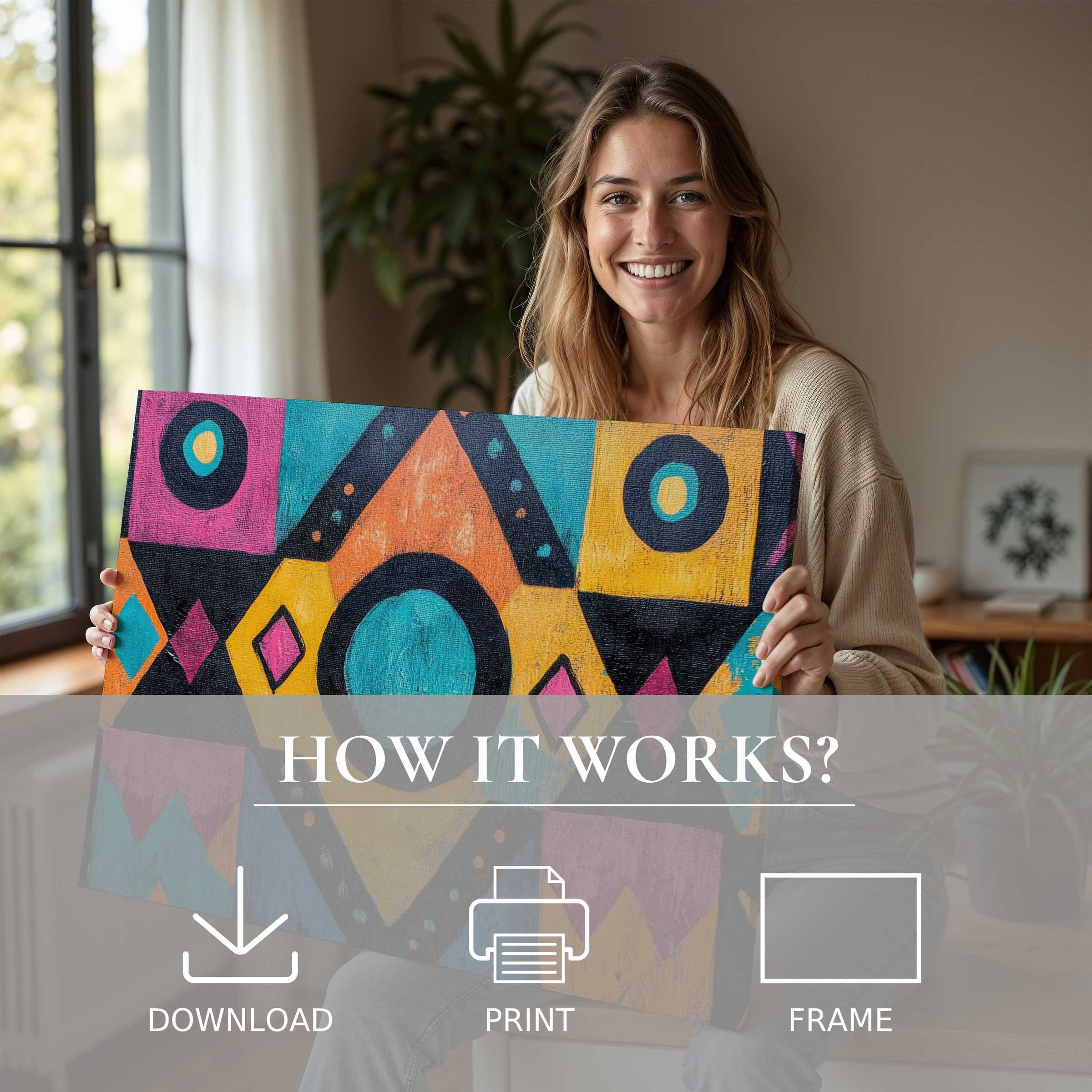 A radiant moment of joy reveals a vibrant boho digital art print transforming a modern home with ease and soulful connection