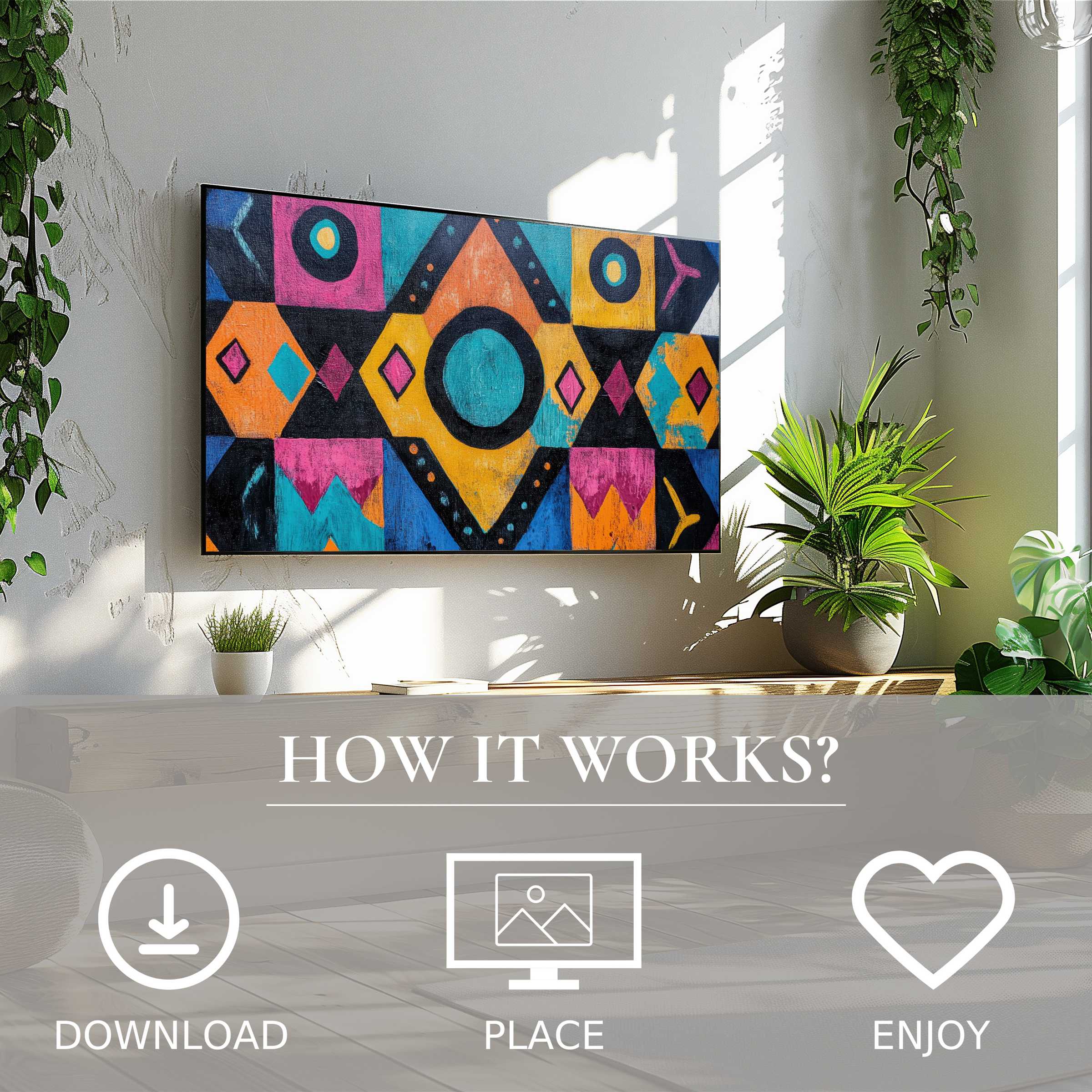 Boho art for Samsung TV with vibrant geometric shapes in rich sunset tones enriches space via easy digital download