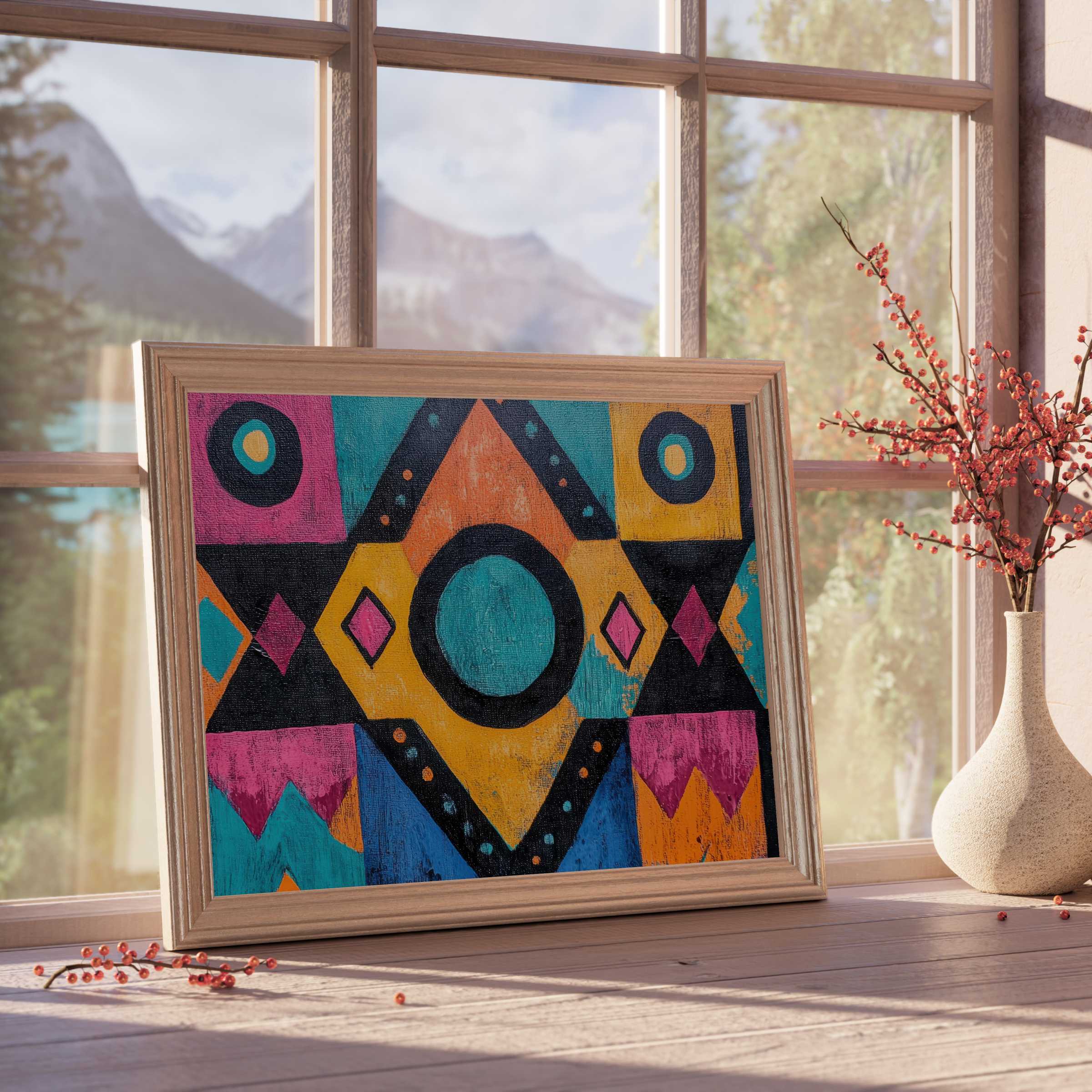 Boho downloadable art with vibrant geometric patterns, infusing curated interiors with warm, eclectic charm and modern tribal elegance