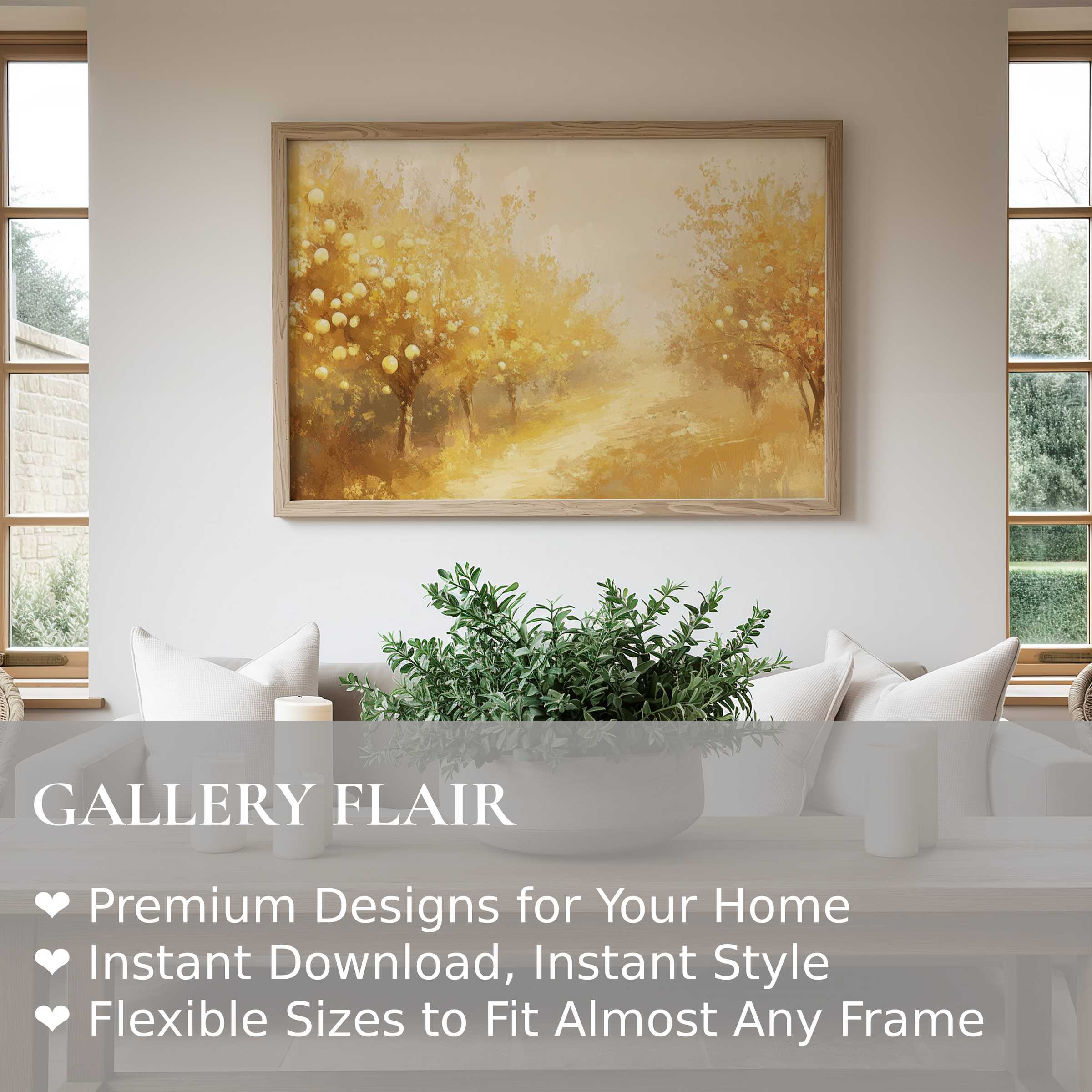 Fall wall art print capturing a radiant golden orchard scene, enhancing modern minimalist interiors with warm, serene autumn elegance