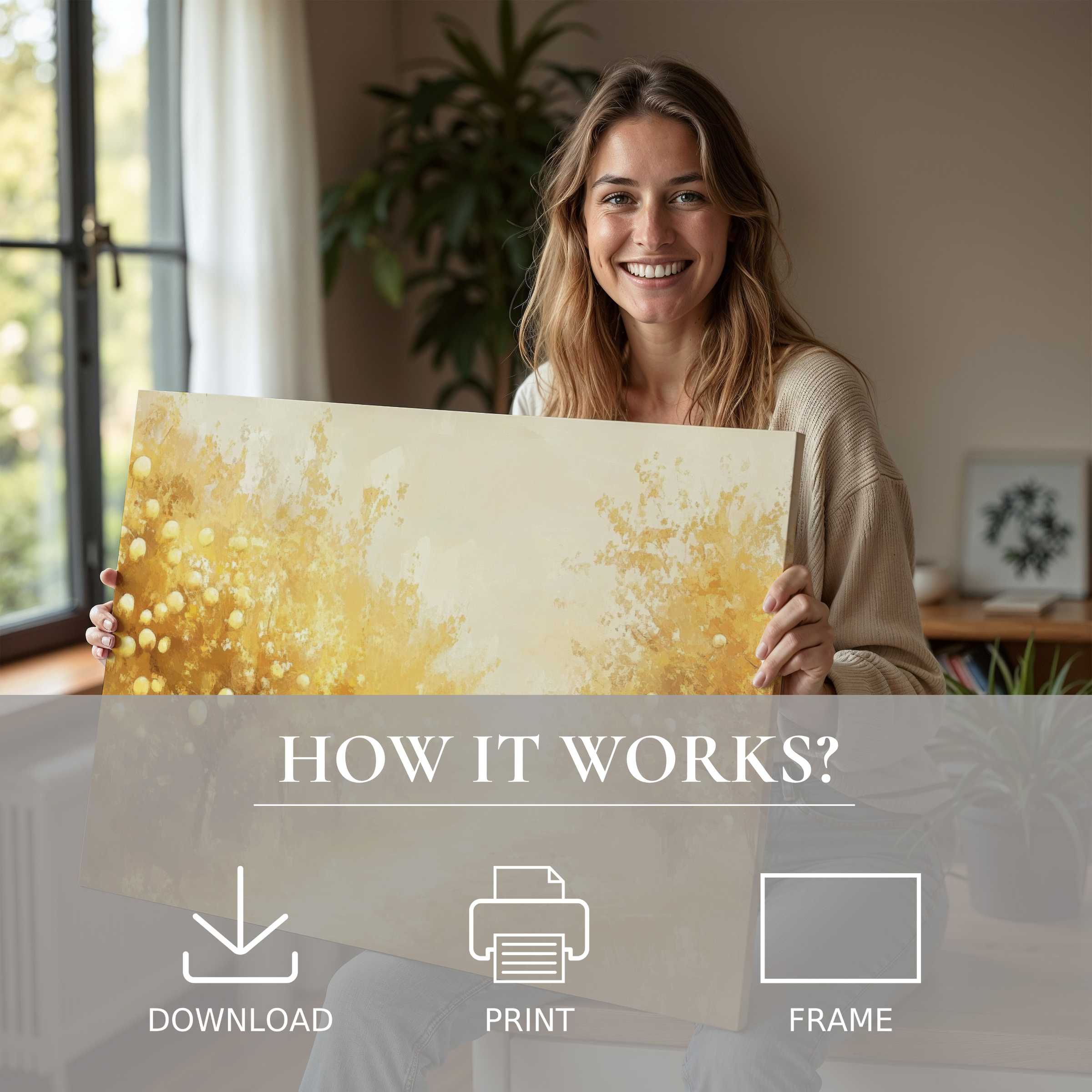 A serene moment of joy embraces a warm fall digital art print, perfectly elevating the modern home’s calm ambiance