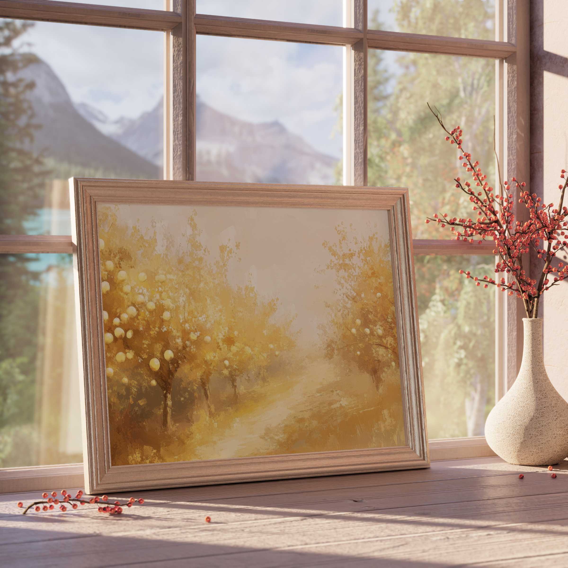Fall downloadable art evoking warm, golden orchards enhances tranquil, curated interiors with elegant, nature-inspired charm