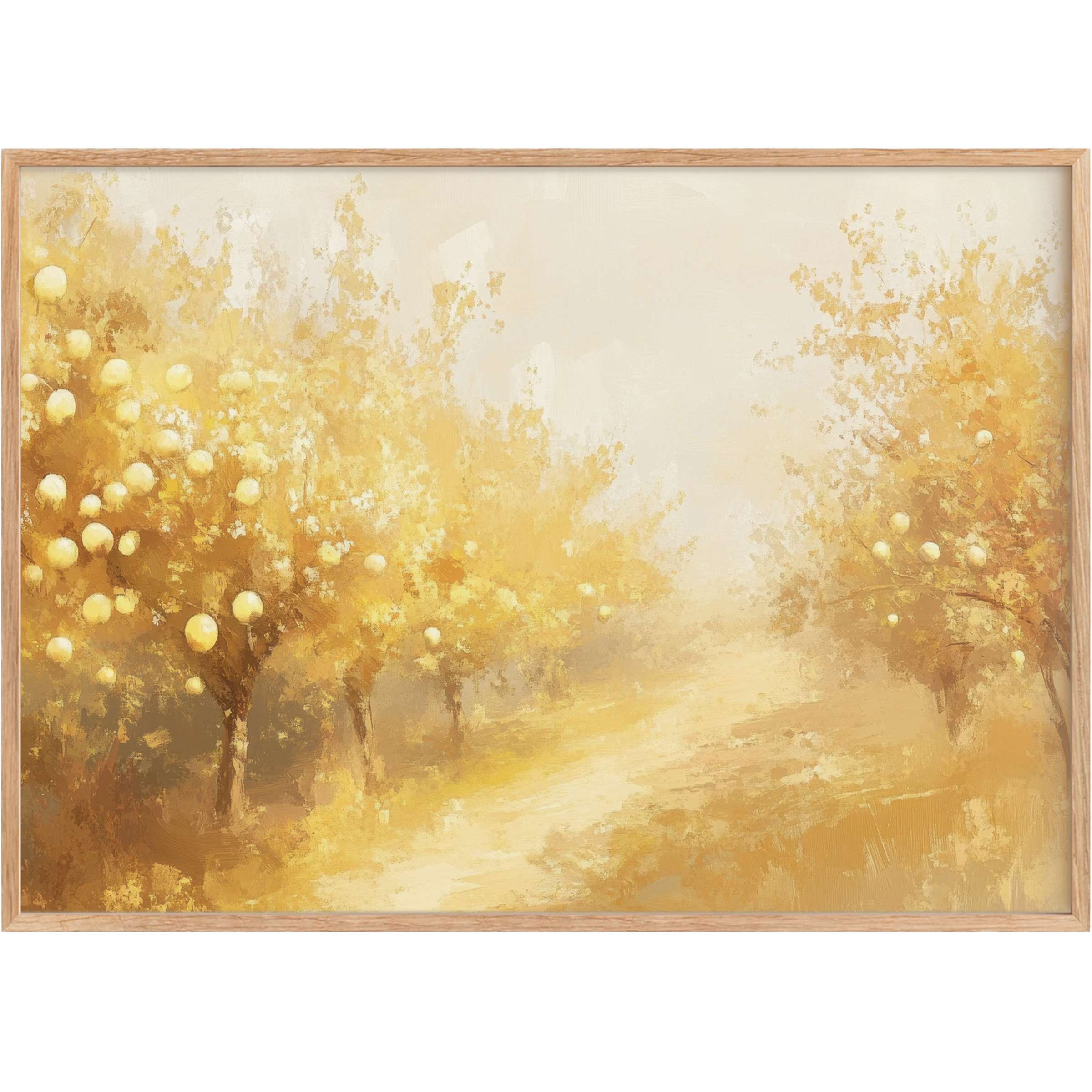 Golden-hued fall printable wall art evokes a radiant, serene orchard bathed in warm amber light, perfect for elevating elegant spaces
