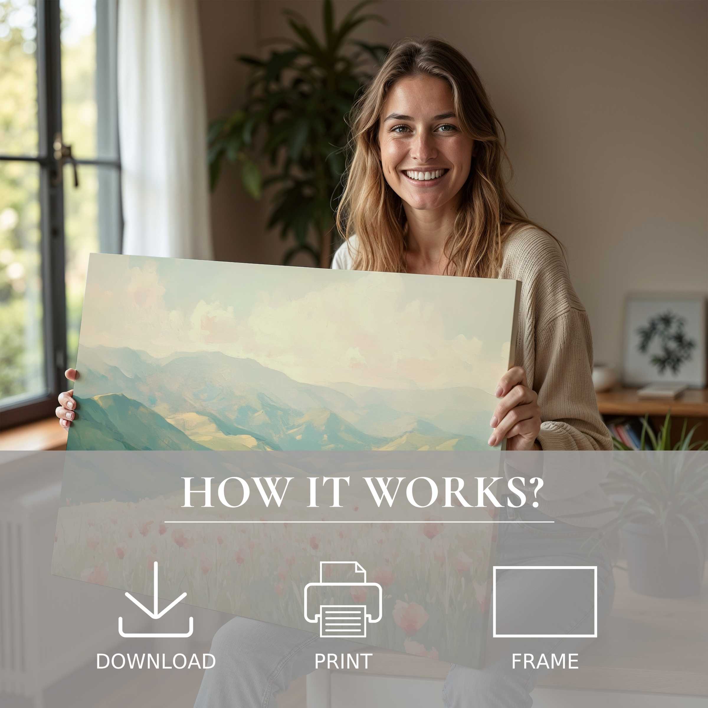 Joyful woman embraces serene spring digital art print at home, celebrating effortless elegance and the beauty of living with art