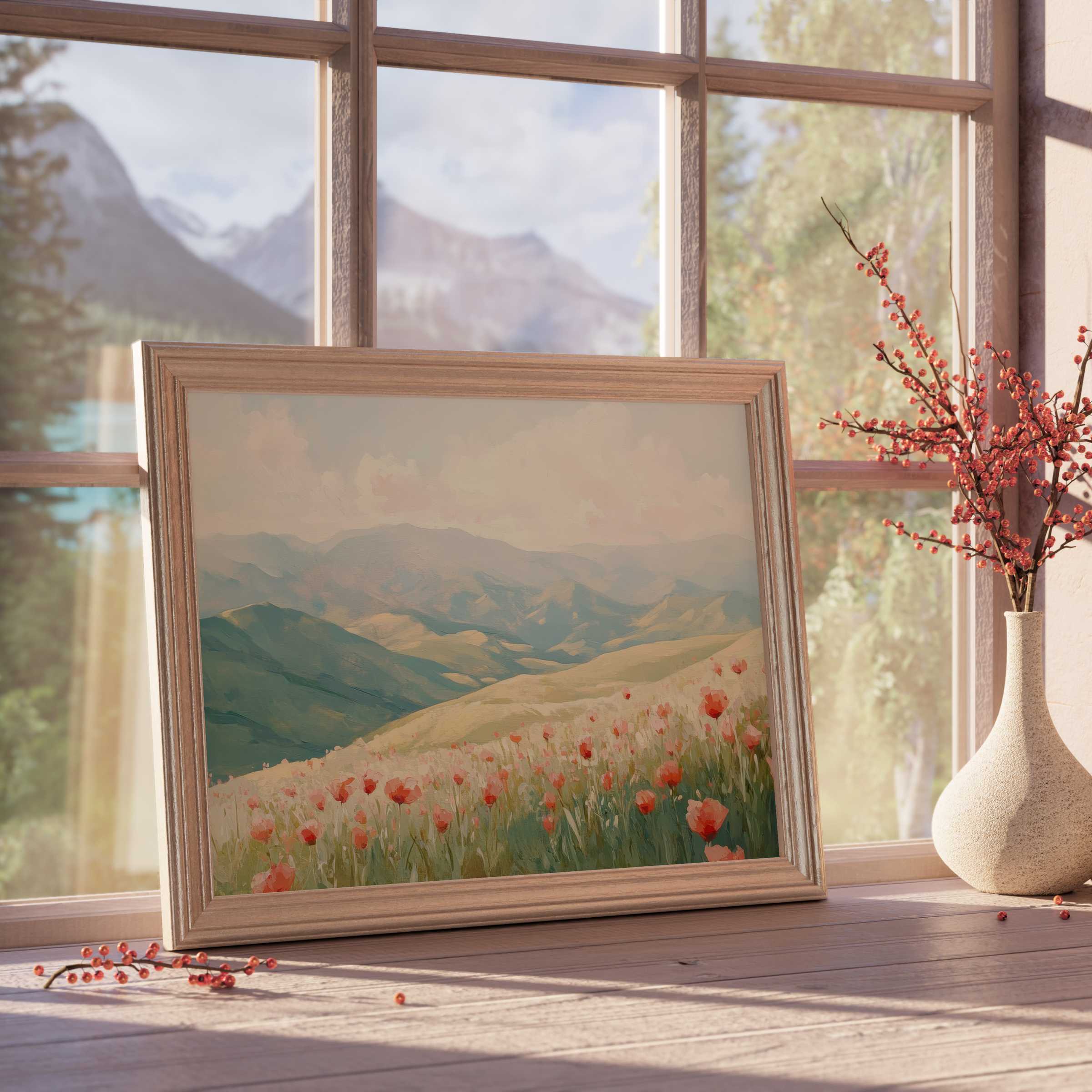 Spring downloadable art of serene mountain blooms, infusing tranquil elegance and soft natural light into curated, stylish interiors