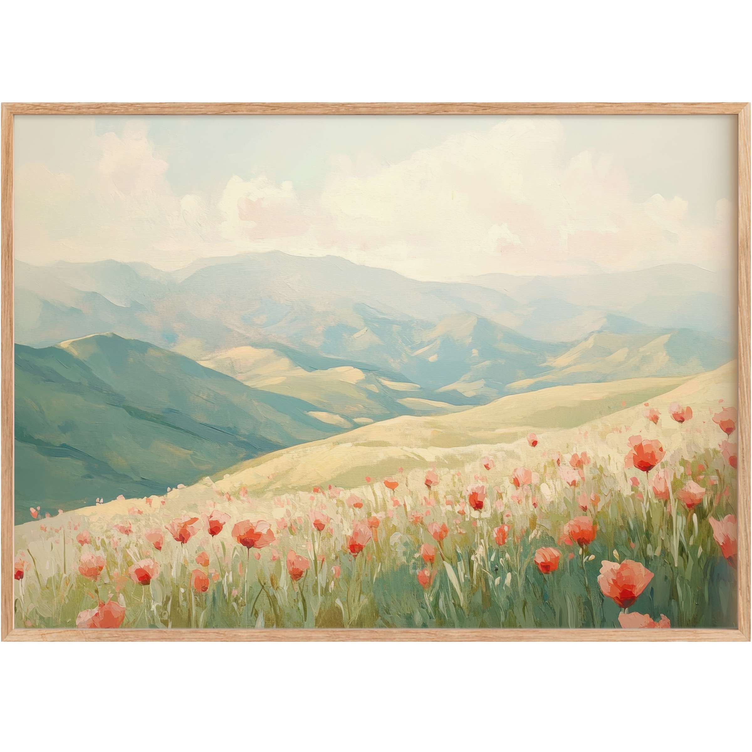 Spring printable wall art capturing a serene mountain valley bathed in soft pastels and blooming poppies, evoking calm elegance