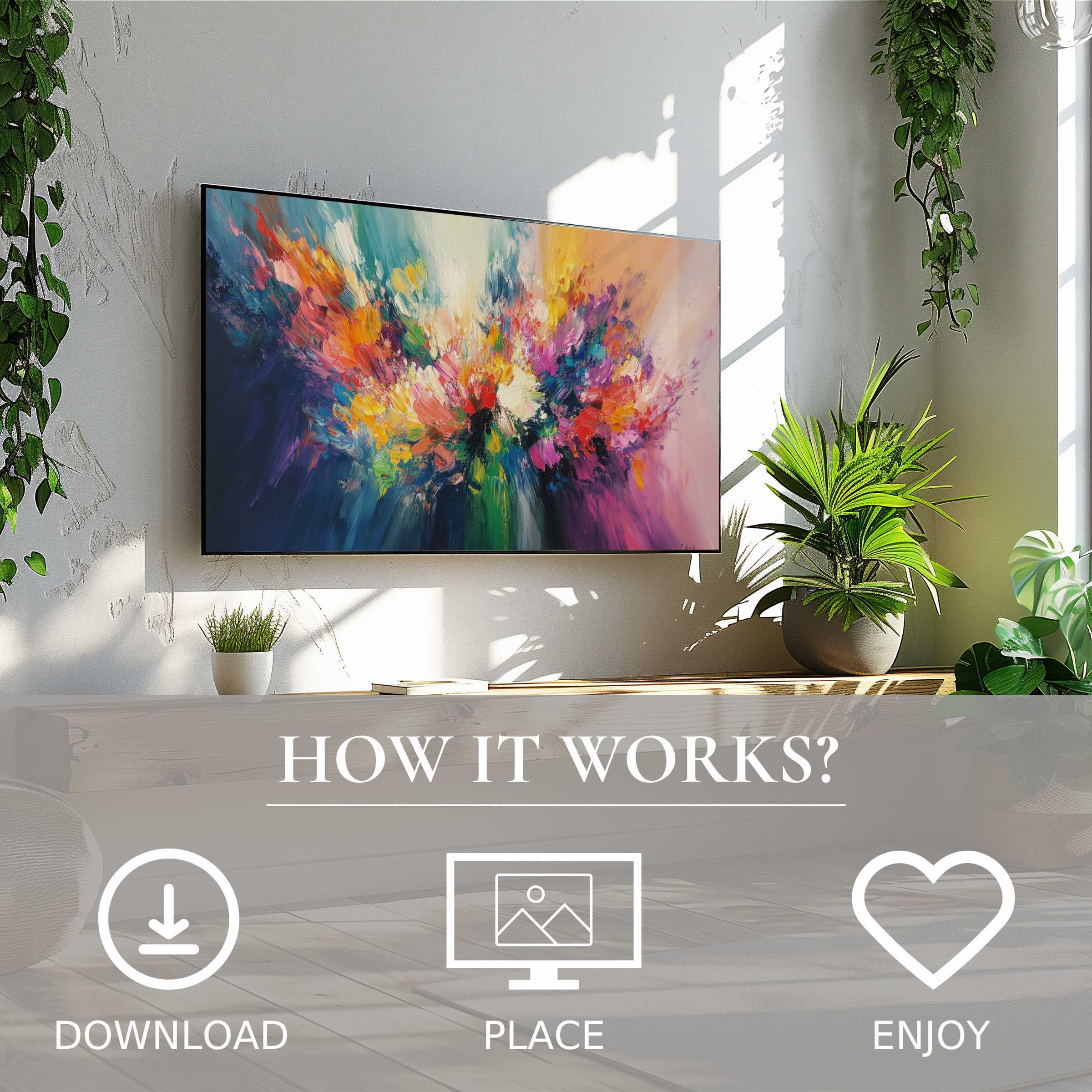 Abstract art for Samsung TV in a bright room with lush plants; vibrant color flow enriches space via easy digital download