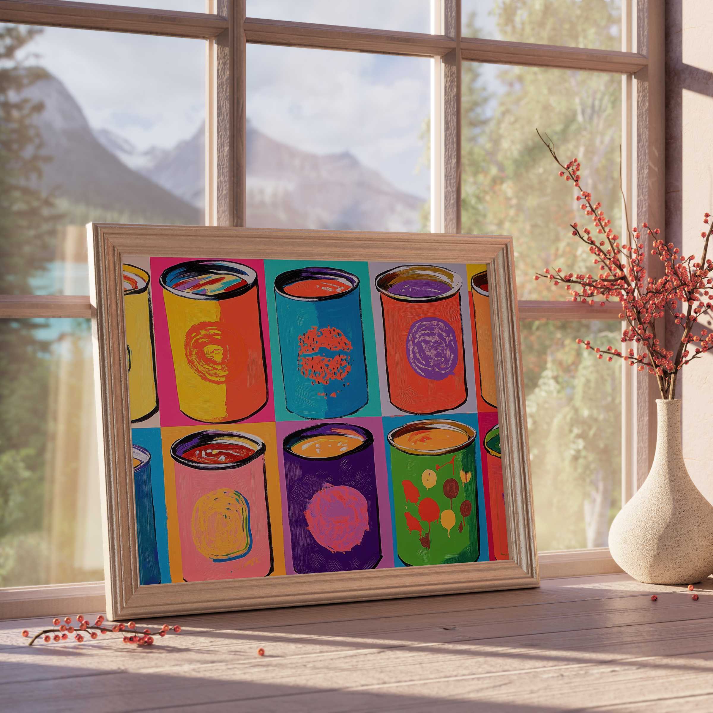 Vibrant pop art downloadable art showcasing colorful cans in bold hues, elevating curated, modern interiors with playful charm