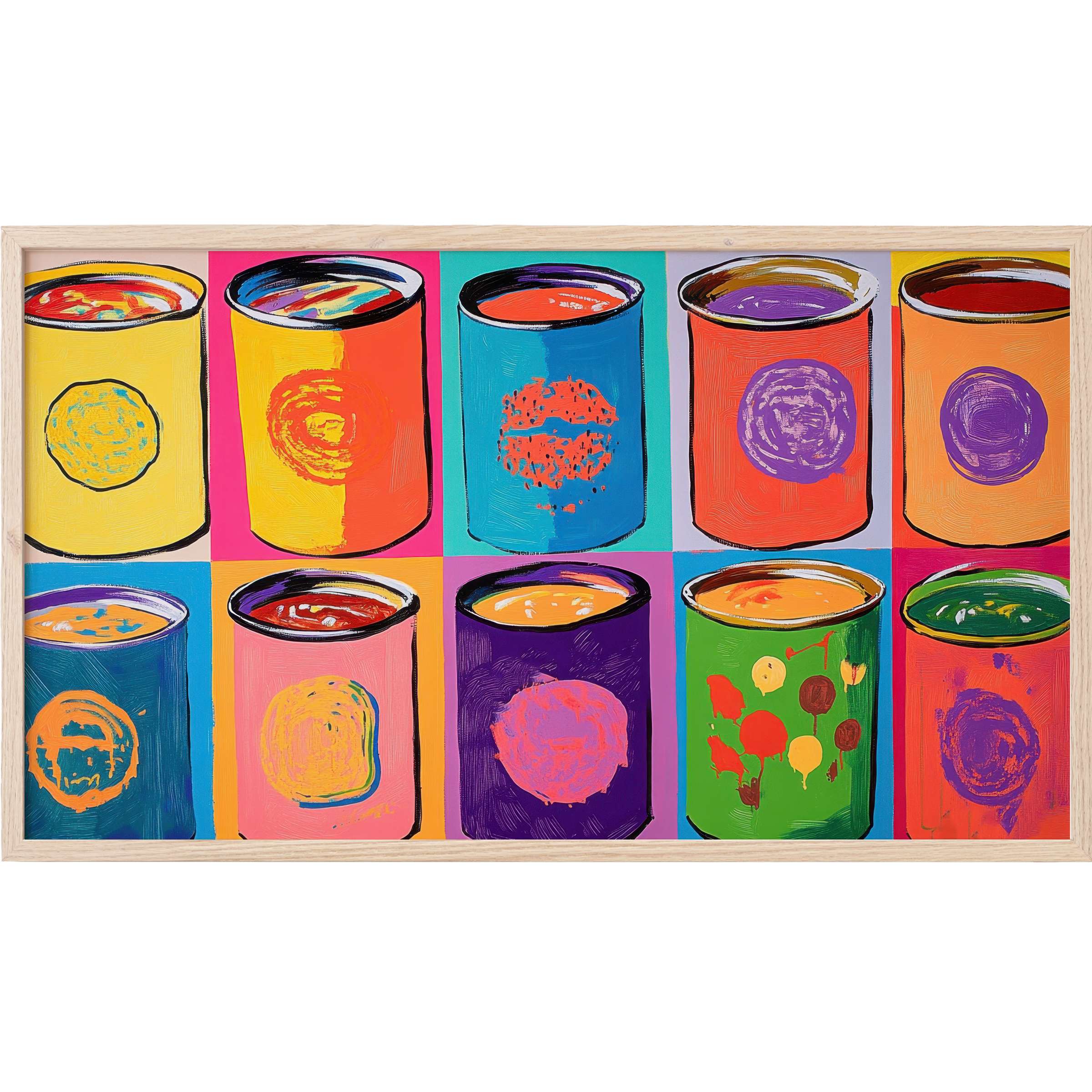 Vivid cans in bold hues and dynamic brushstrokes create a striking pop art Frame TV Art for modern spaces