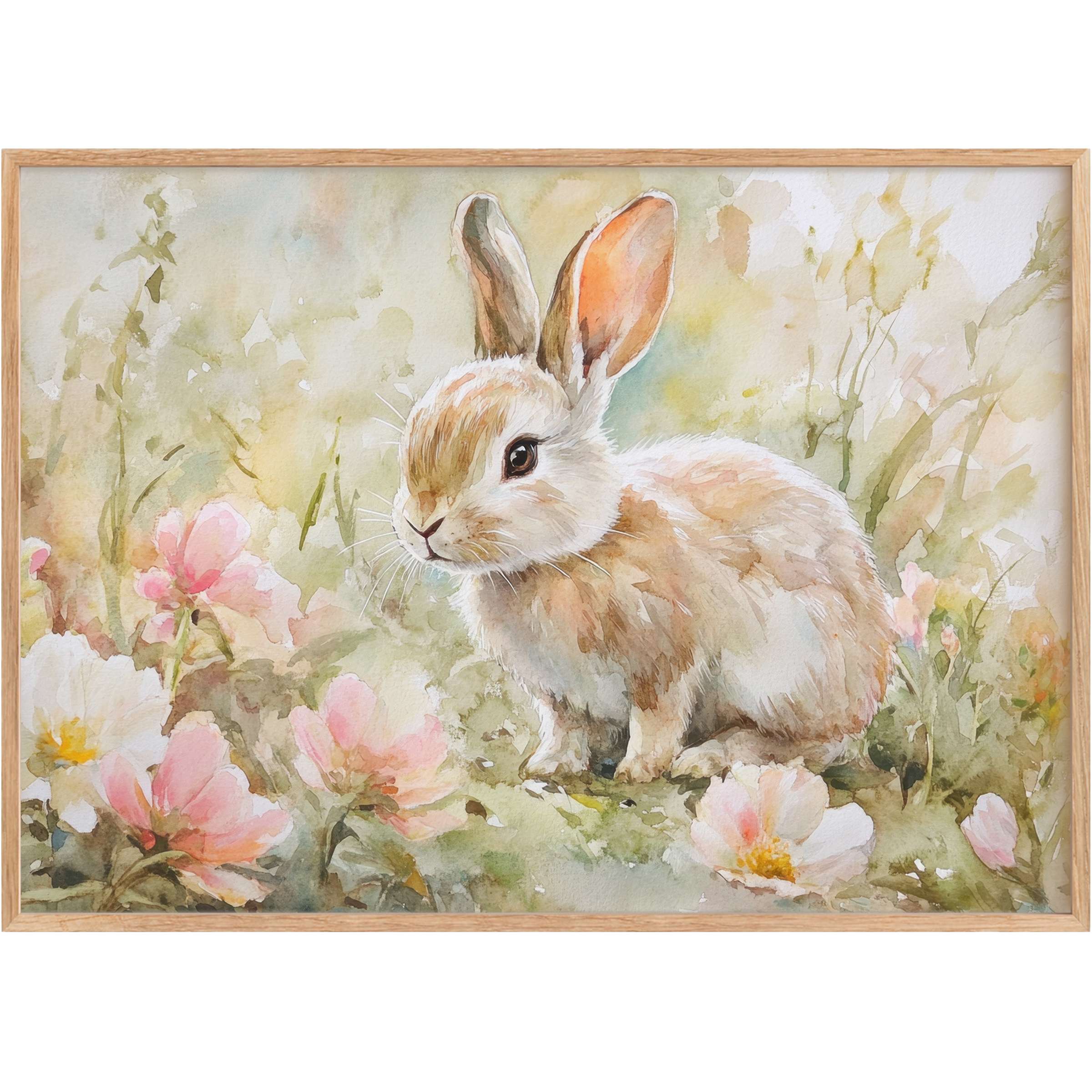 Delicate easter printable wall art featuring a soft brown bunny amidst pastel pink blooms, evoking a serene, fresh springtime charm