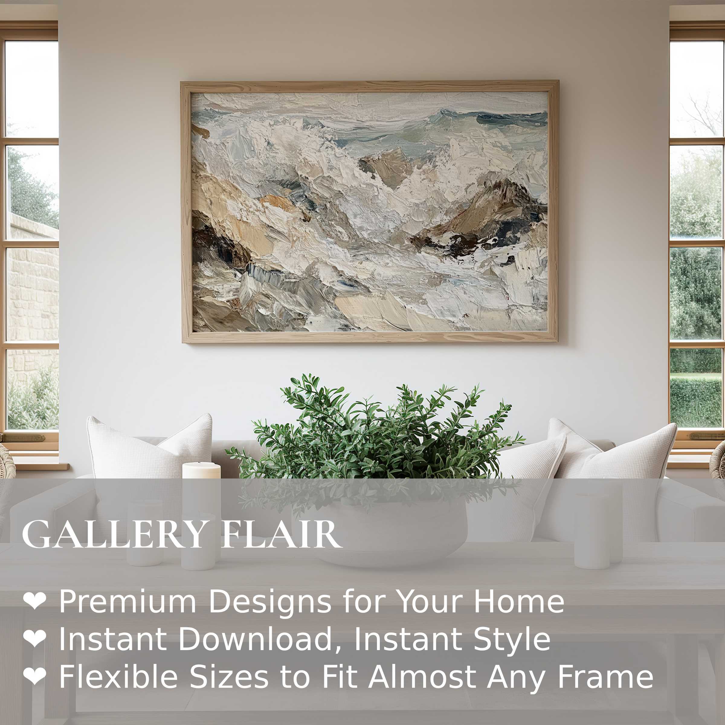 Calming beach wall art print with textured waves in soft neutrals, perfect for modern coastal and minimalist interiors