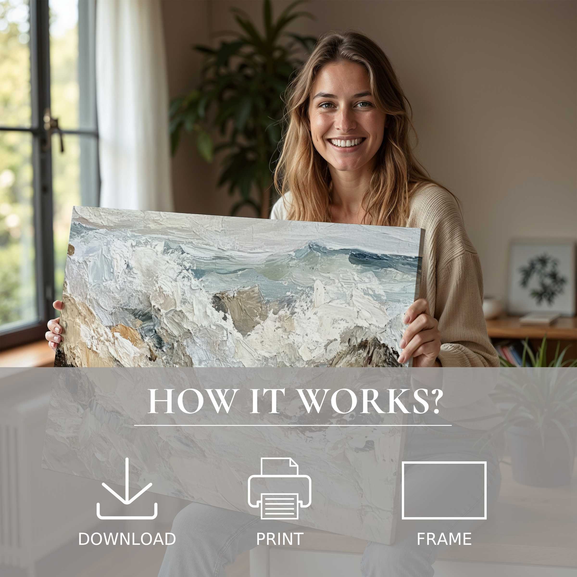 A radiant moment of connection and joy as a woman embraces a beach digital art print, bringing serene coastal textures into her stylish home