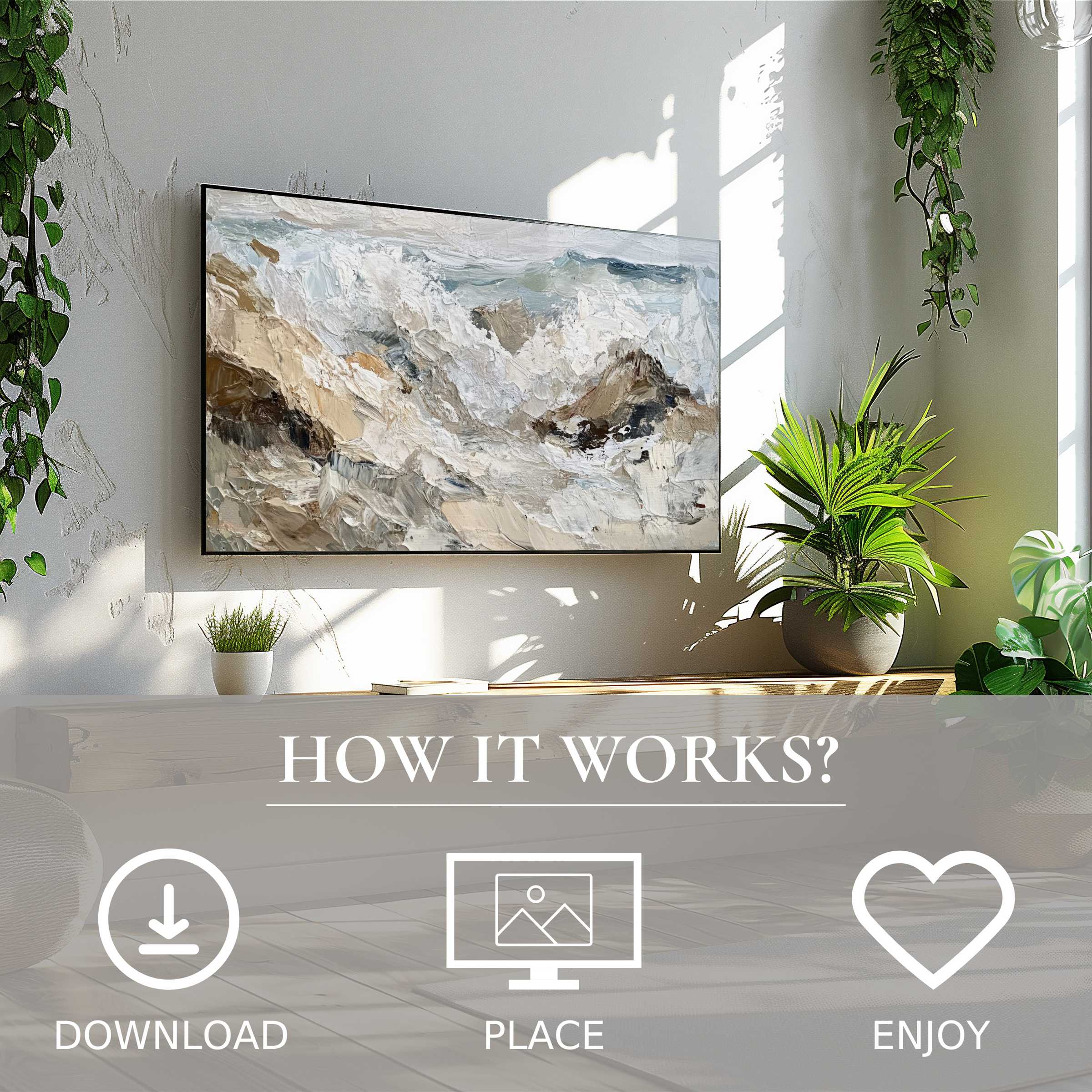 Modern living room with beach art for Samsung TV, abstract color flow, easy digital download enriches space