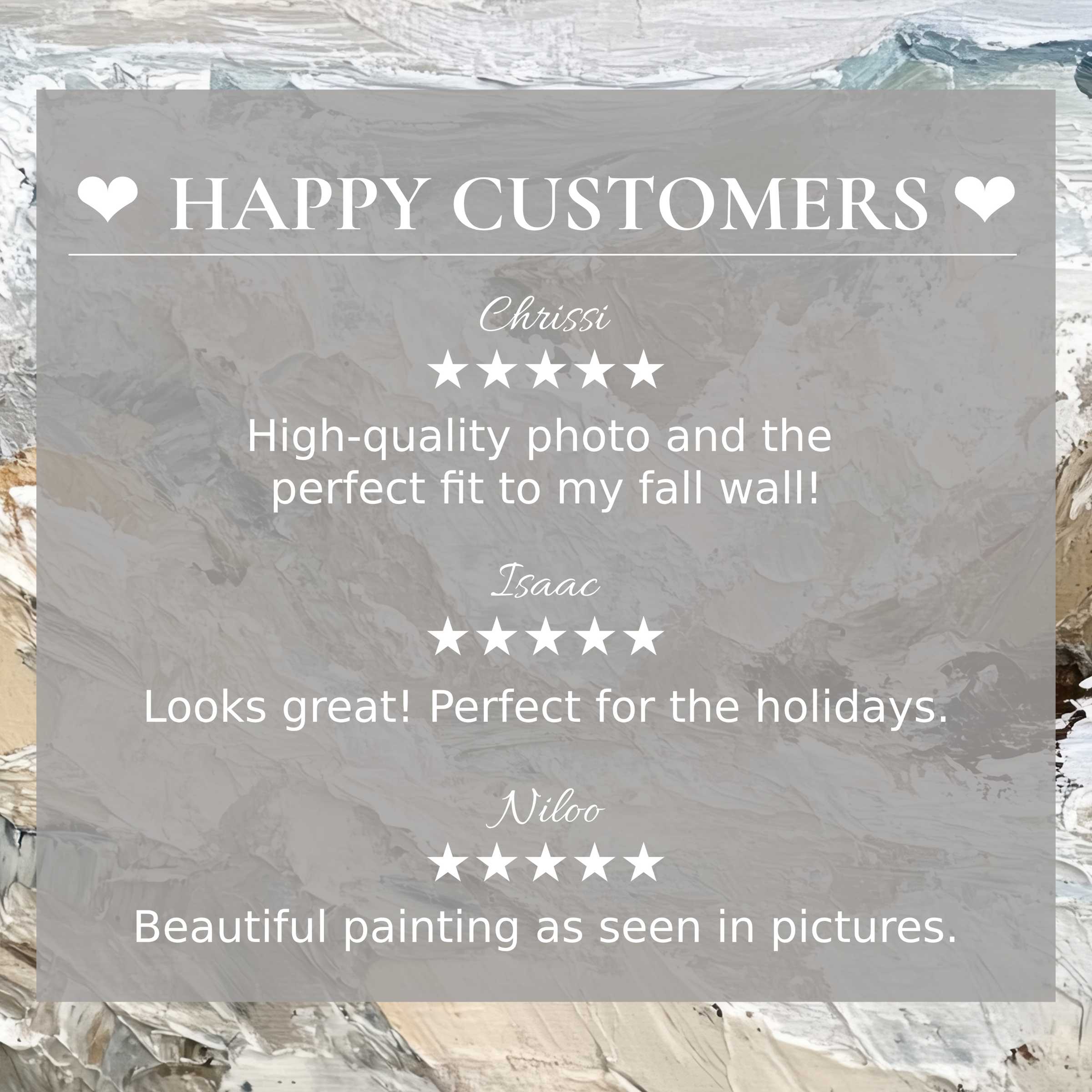 Beach art for Frame TV features abstract sunset hues with happy customer reviews, reflecting trust and elegant style