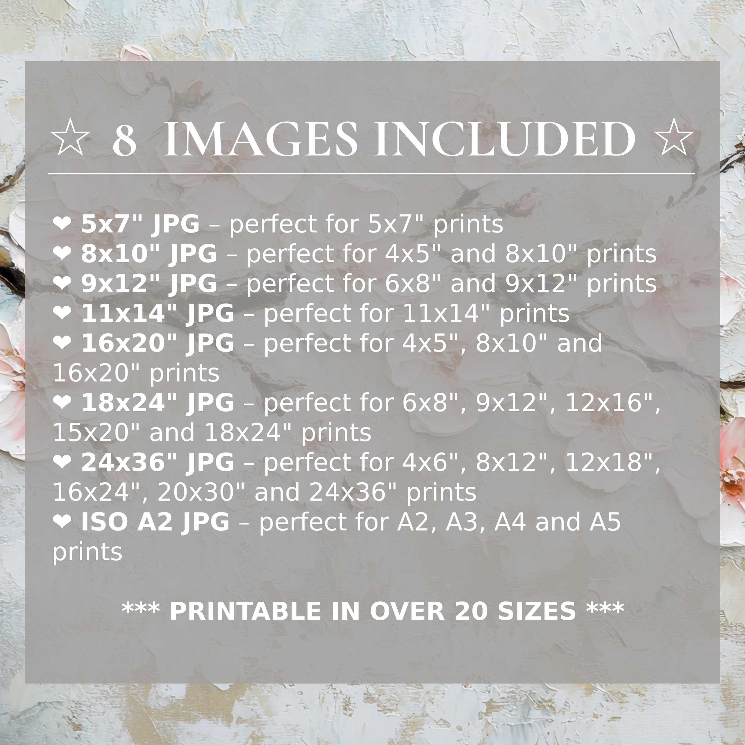 Print size guide showing 8 included JPG formats for versatile wall art printing – perfect for framing in popular sizes from 5x7 to 24x36 and A2