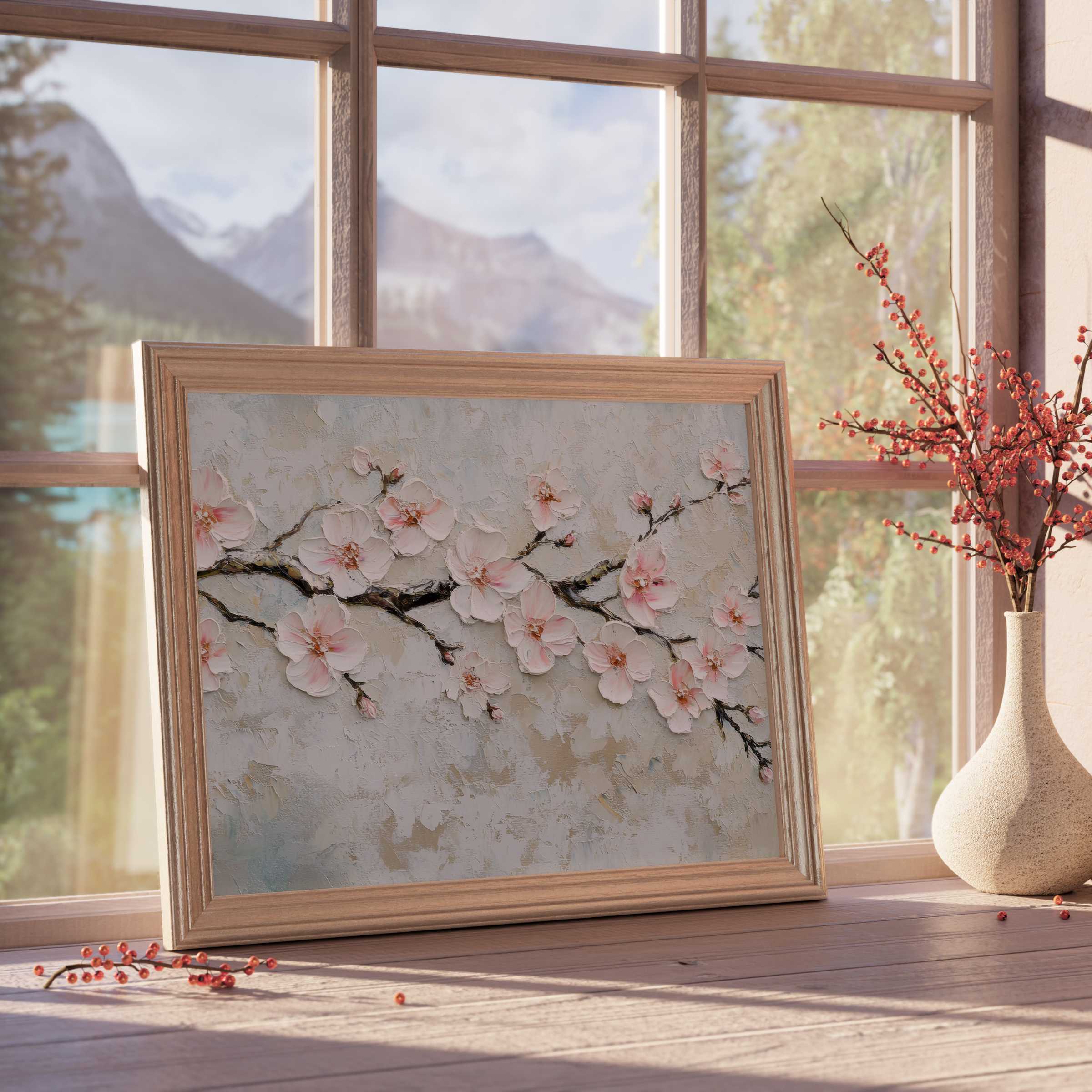 Elegant tree downloadable art featuring textured cherry blossoms in soft pastels, enhancing serene, design-forward living spaces