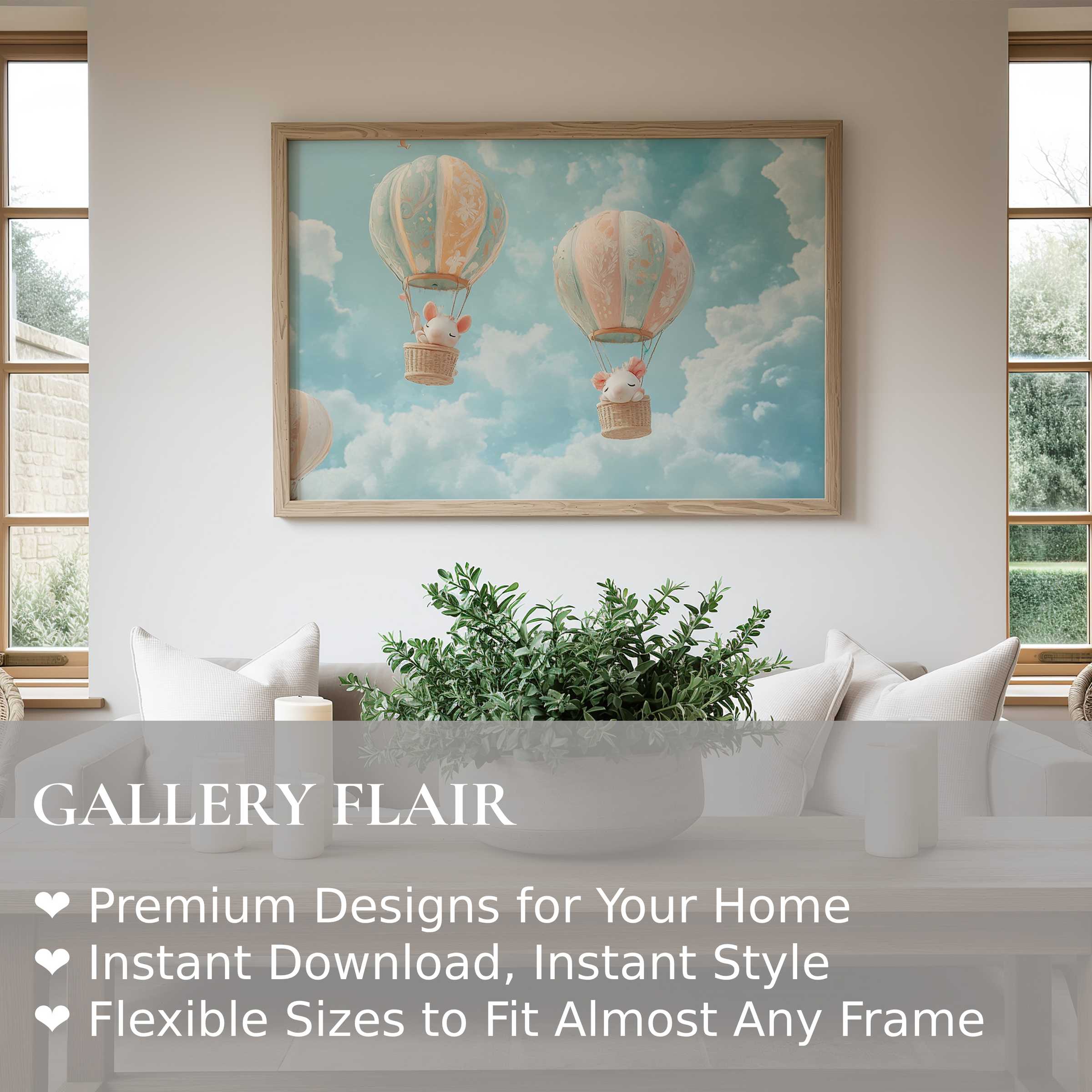 Nursery wall art print featuring soft pastel hot air balloons with whimsical animals, enhancing serene, modern farmhouse interiors