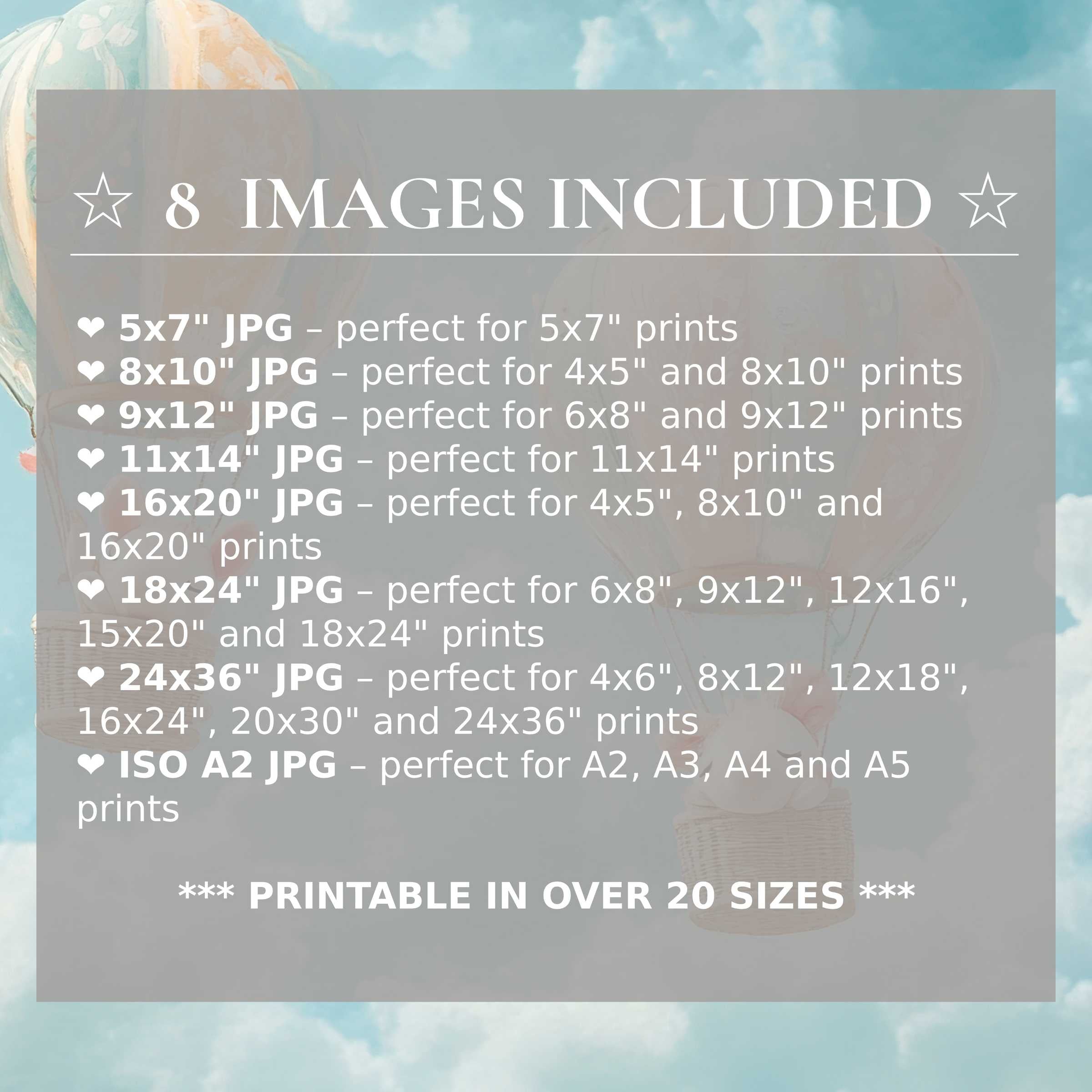 Radiant nursery digital print with soft pastel balloons and serene blue skies, including 8 high-quality sizes to elevate modern interiors