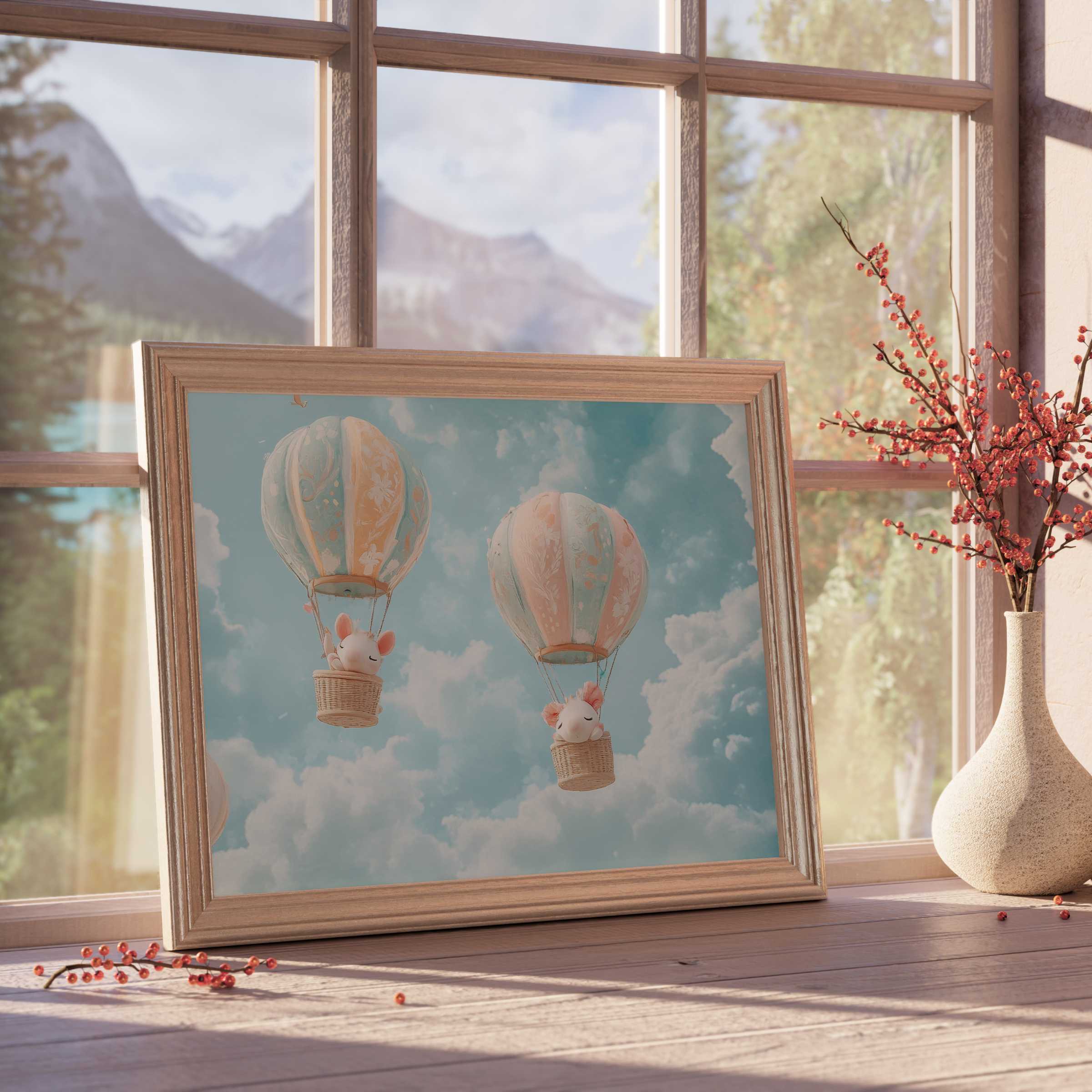 Whimsical nursery downloadable art featuring serene pastel hot air balloons with sleeping animals, elevating tranquil, curated kids’ interiors