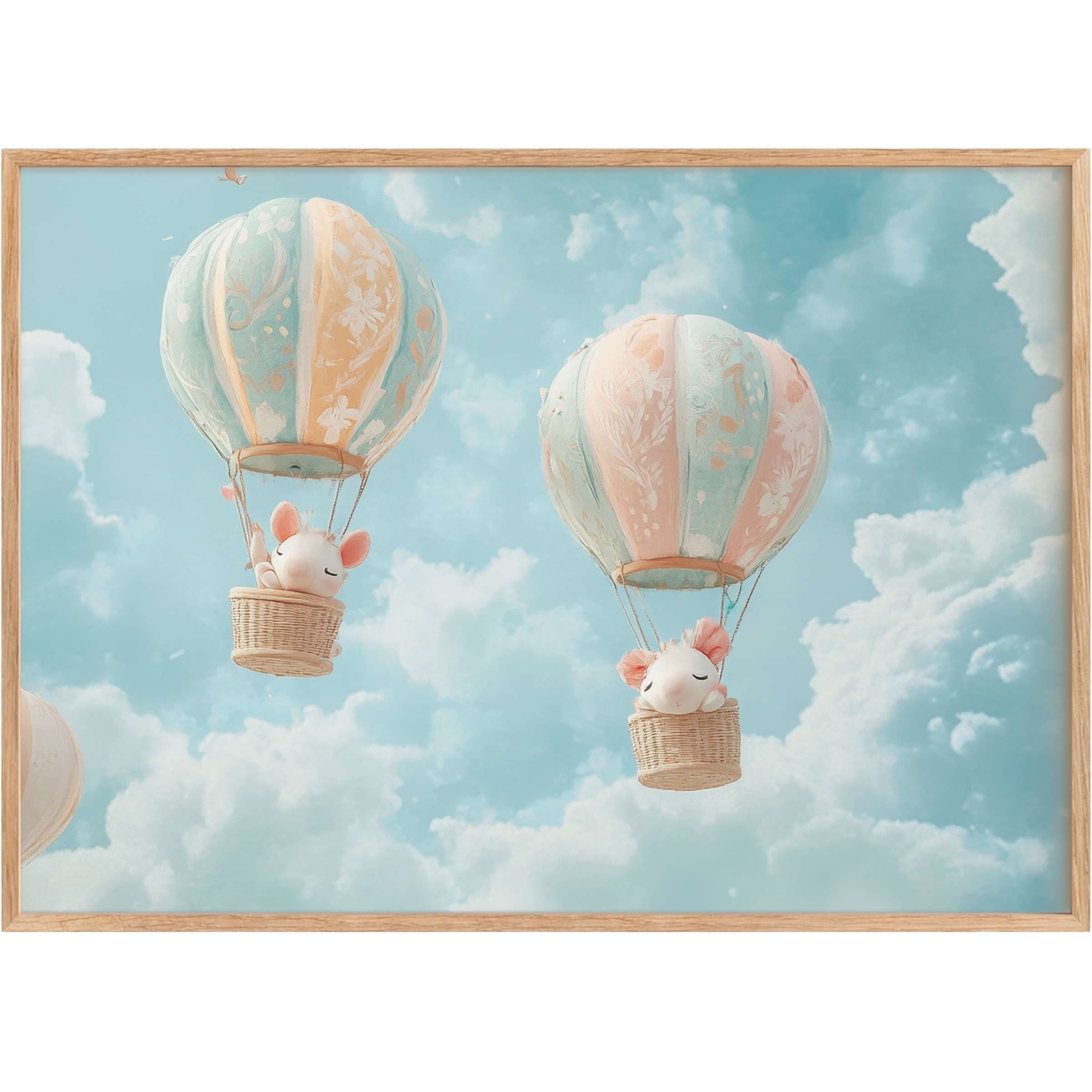 Whimsical nursery printable wall art with pastel balloons and sleepy animals, creating a serene, dreamy sky ambiance