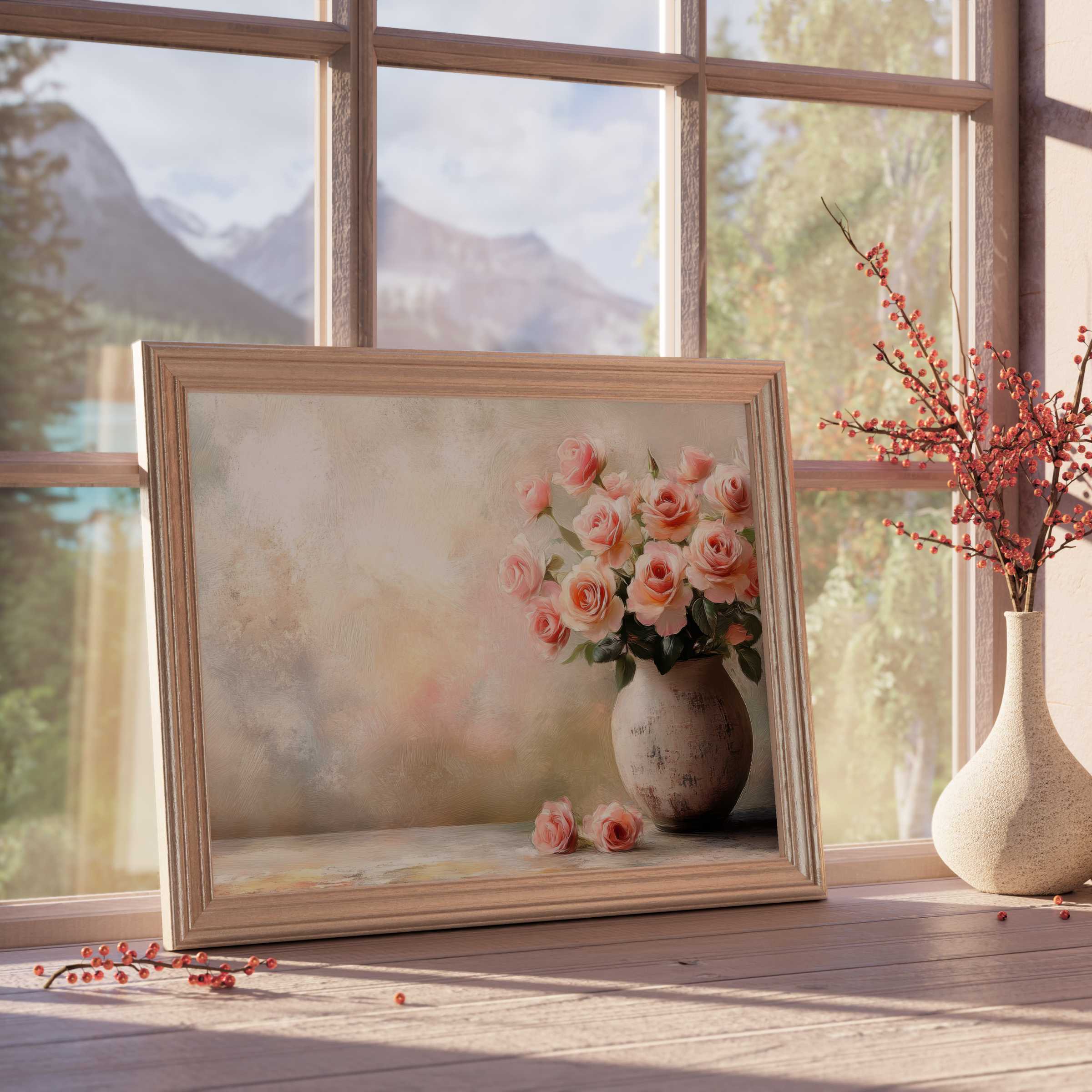 Botanical downloadable art of delicate peach roses in rustic vase, evoking serene elegance for tranquil, curated interiors