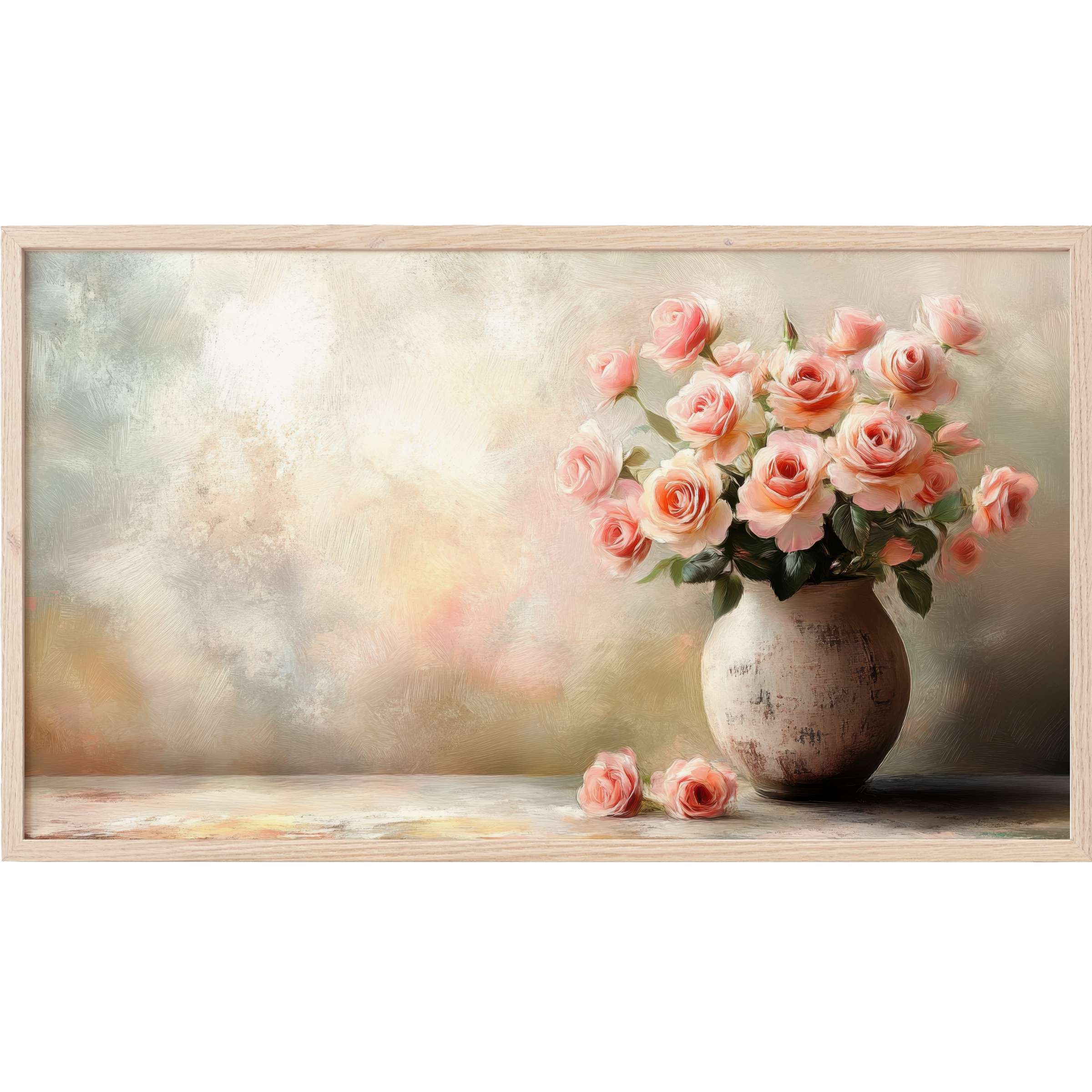 Elegant botanical Frame TV Art with soft pink roses in a rustic vase, set against a muted pastel textured background
