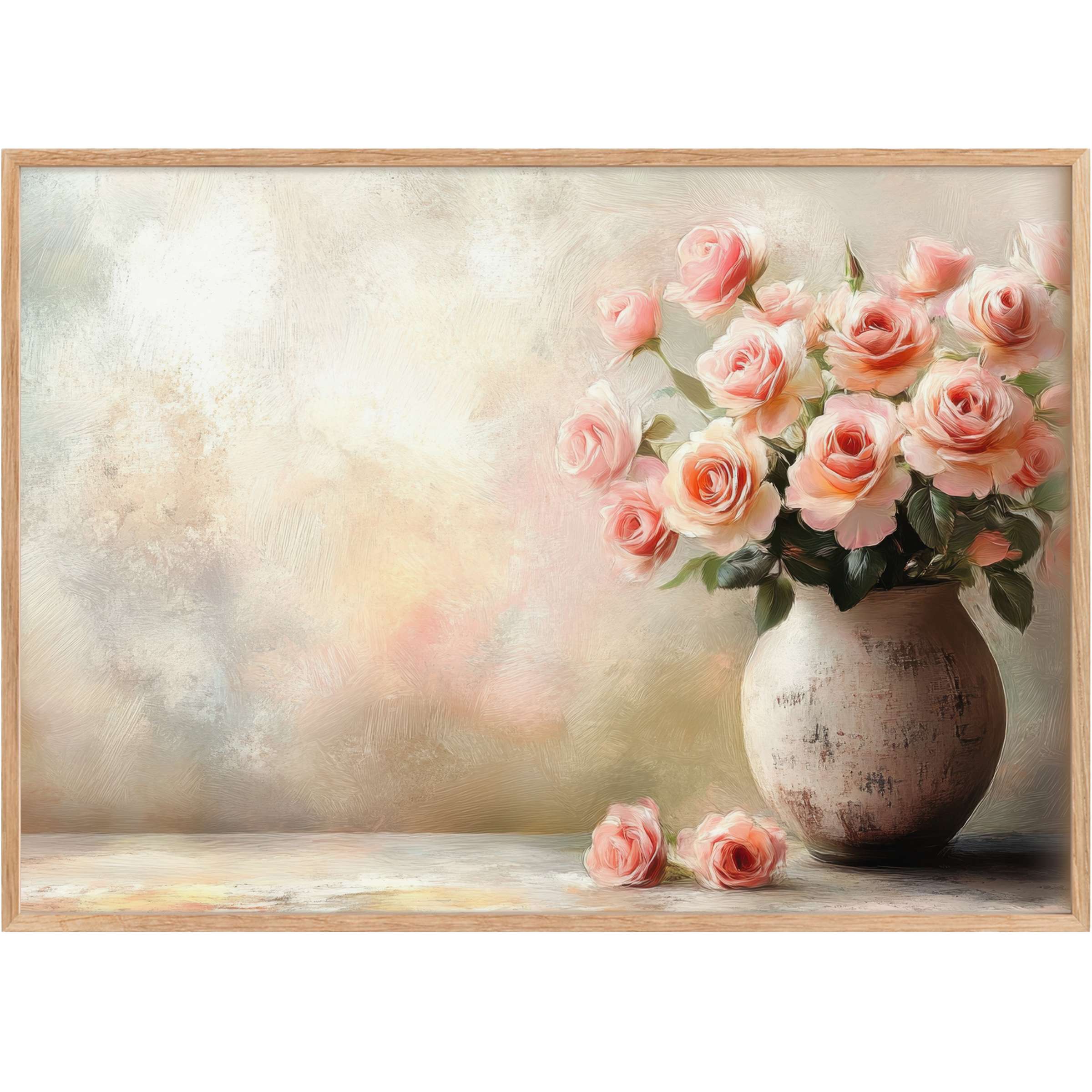 Botanical printable wall art featuring soft peach roses in a rustic vase, evoking a serene and timeless elegance