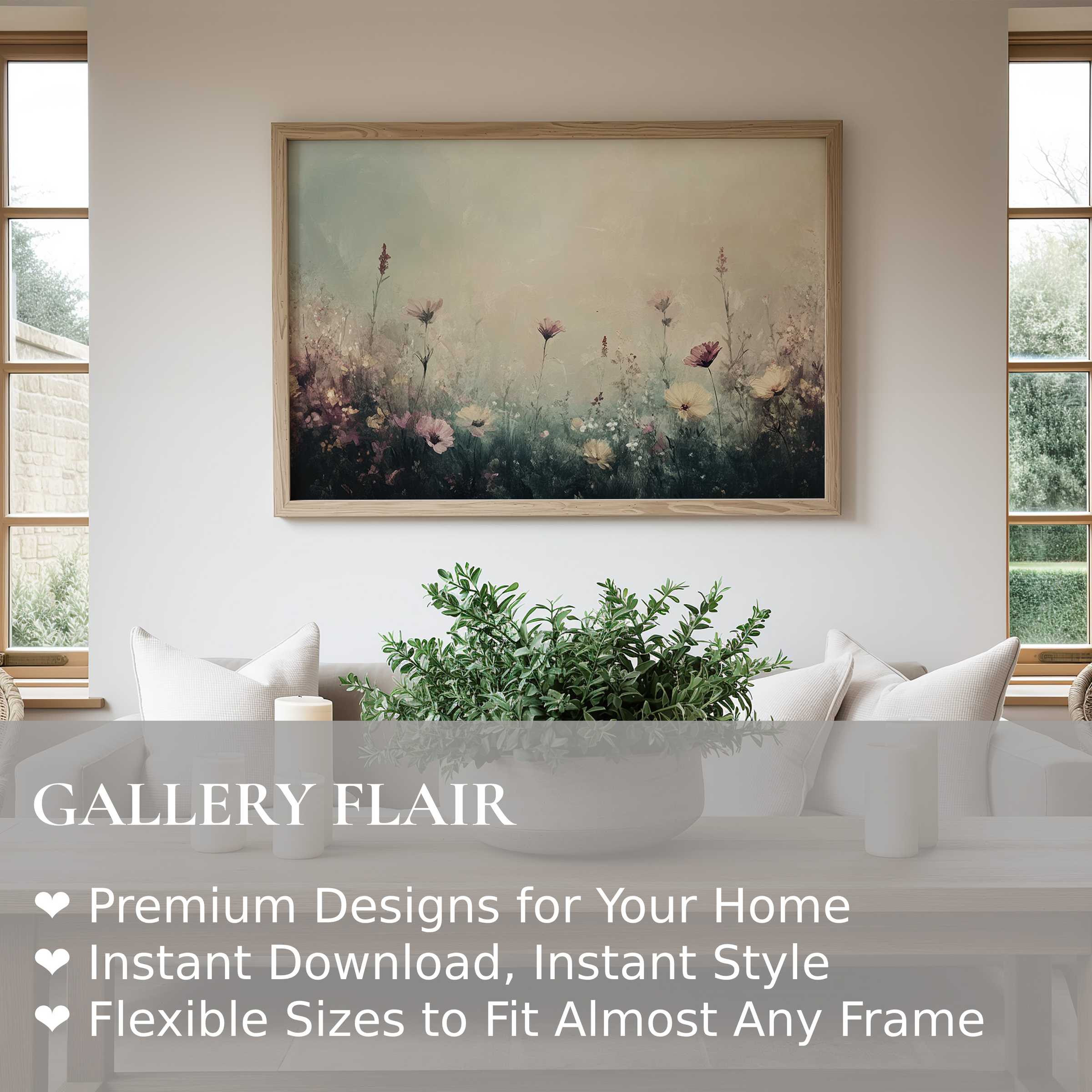 Vintage wall art print featuring a serene floral meadow in soft pastel hues, enhancing modern minimalist interiors with calming, timeless elegance
