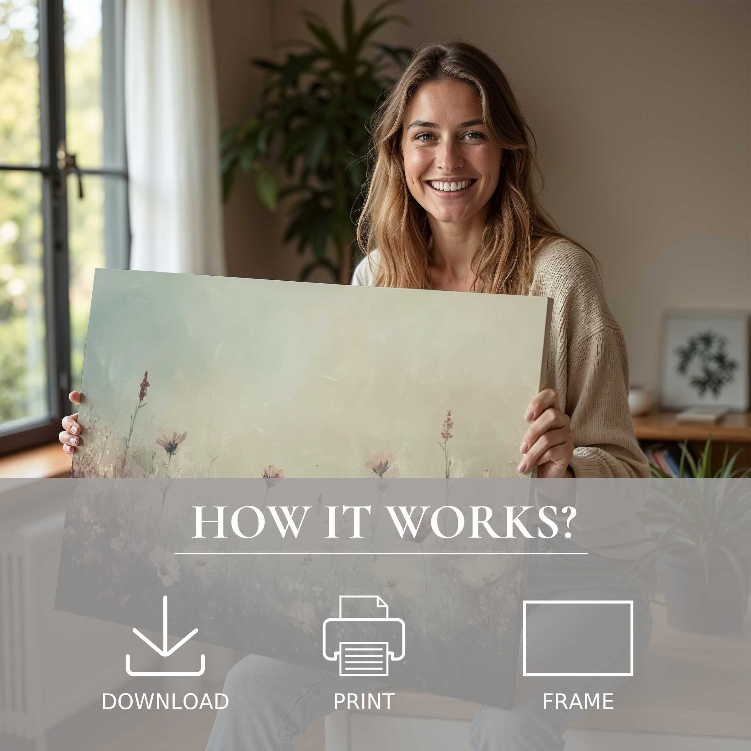 Radiating joy in a sunlit room, she embraces the ease of vintage digital art print, elevating home with timeless serenity
