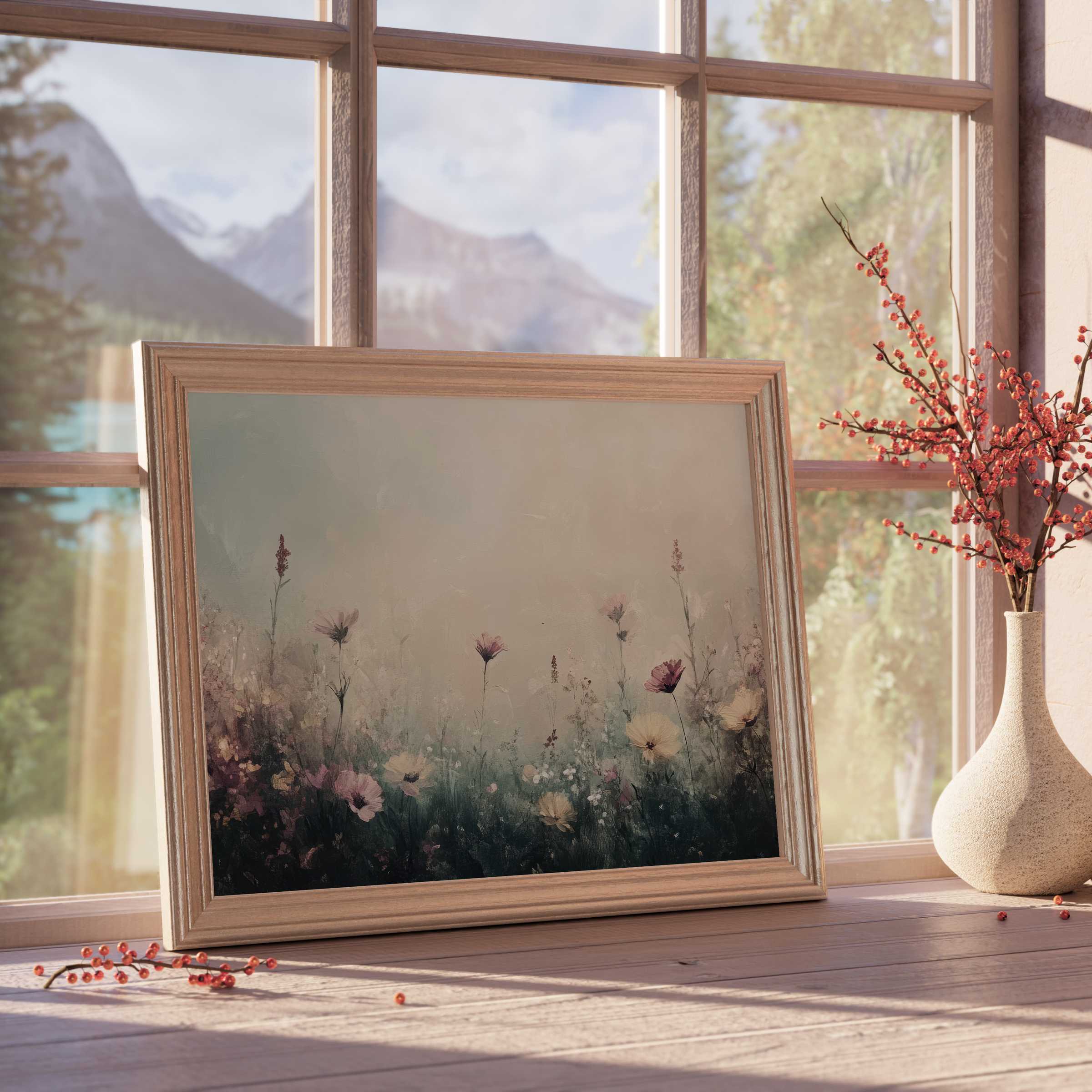 Vintage downloadable art of delicate wildflowers in muted hues, evoking calm serenity for elegant, nature-inspired interiors