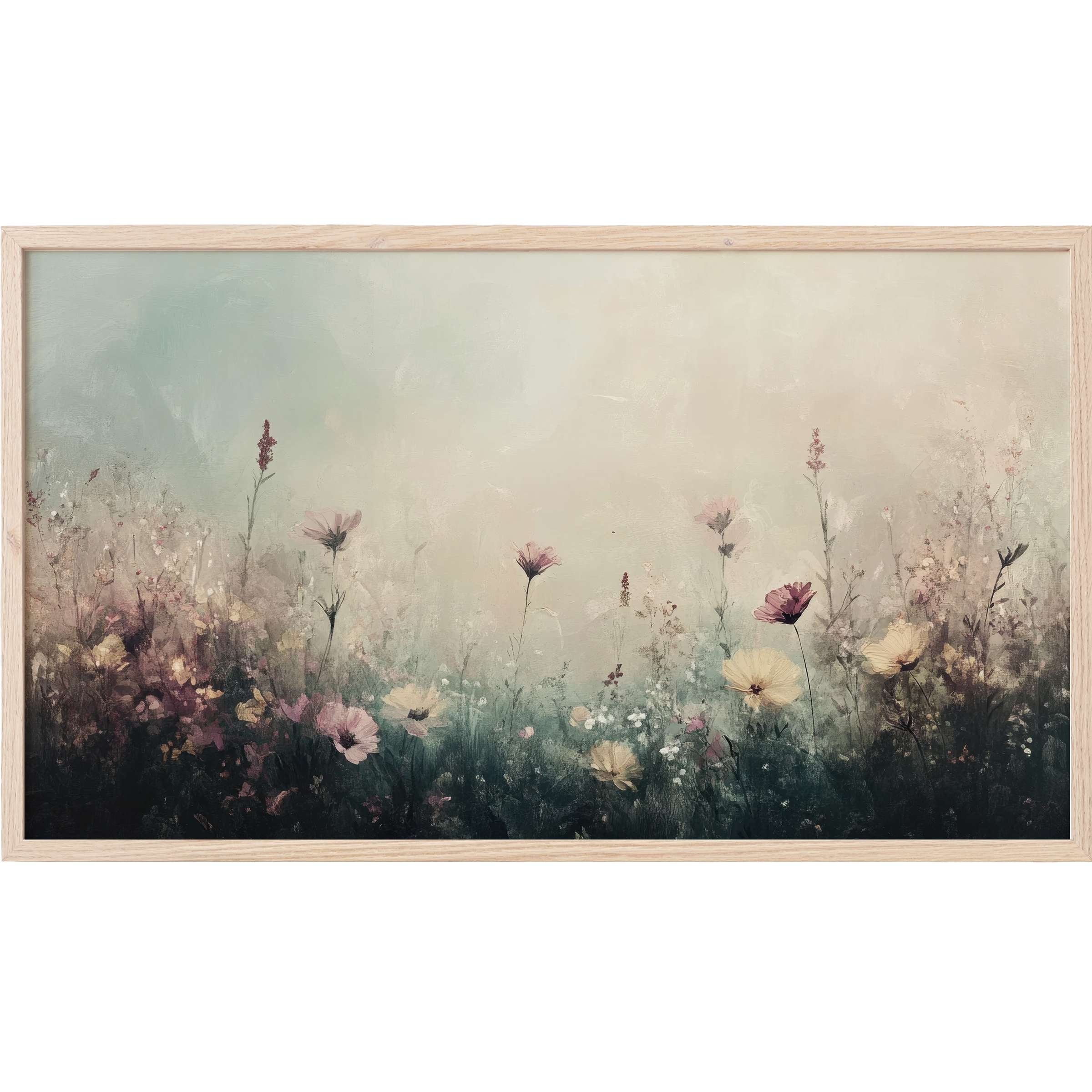 Vintage Frame TV Art featuring soft, muted florals in pastel hues with an ethereal, impressionist style