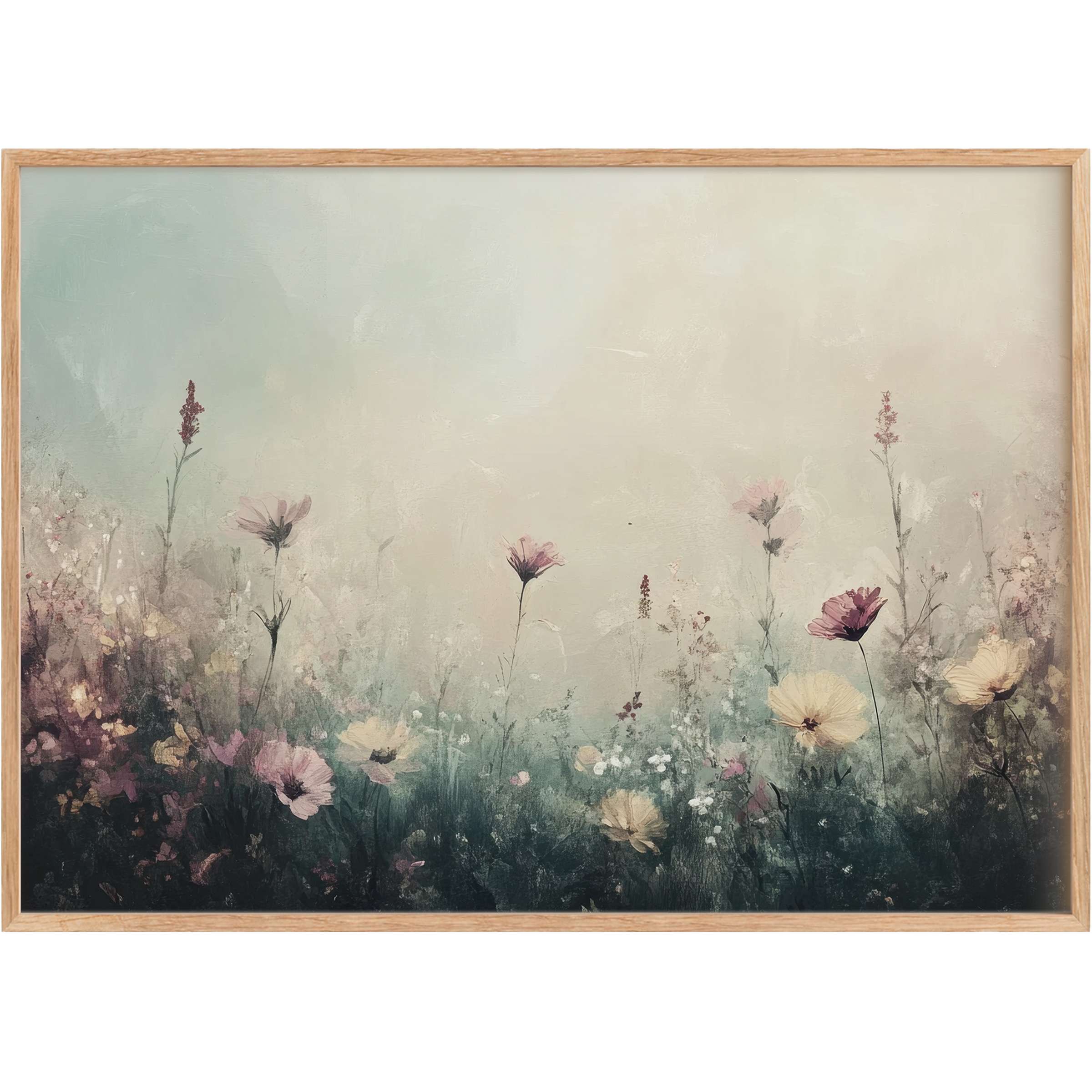 Vintage printable wall art capturing a serene wildflower meadow in soft pastels and muted greens, evoking calm and timeless elegance