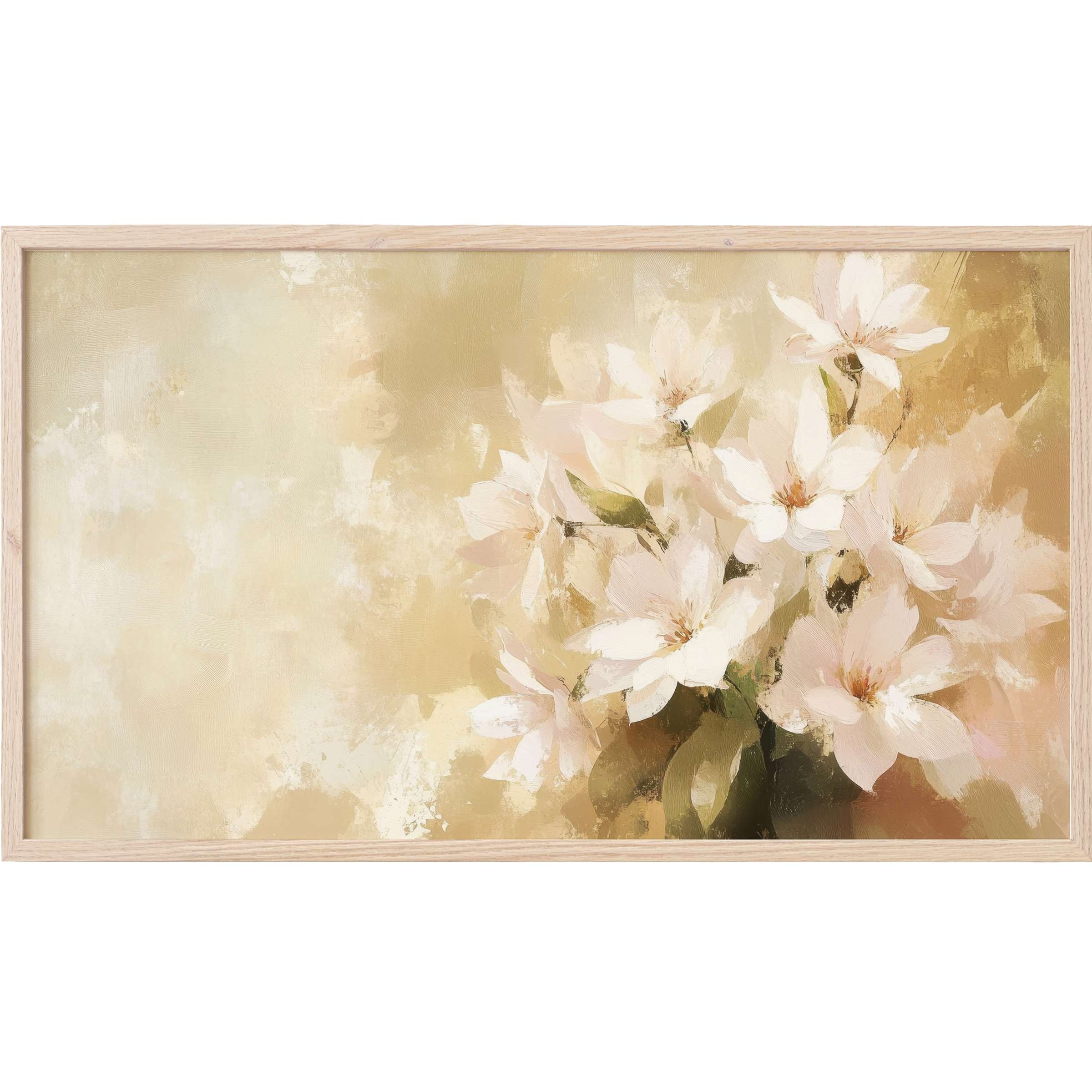 Elegant floral bouquet in soft whites and warm beiges with textured brushstrokes, styled as Farmhouse Frame TV Art