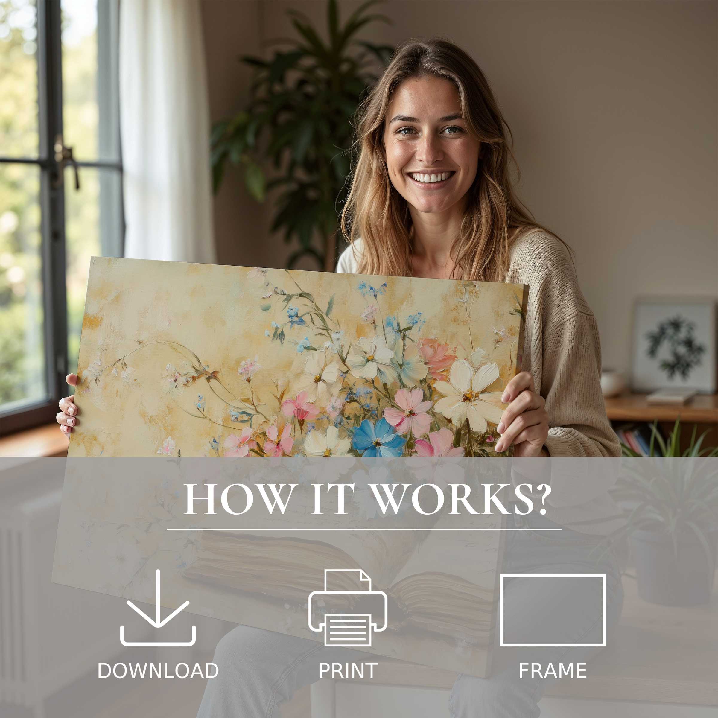 A joyful moment of connection as a woman reveals a delicate floral digital art print, infusing her modern home with effortless beauty and serene charm