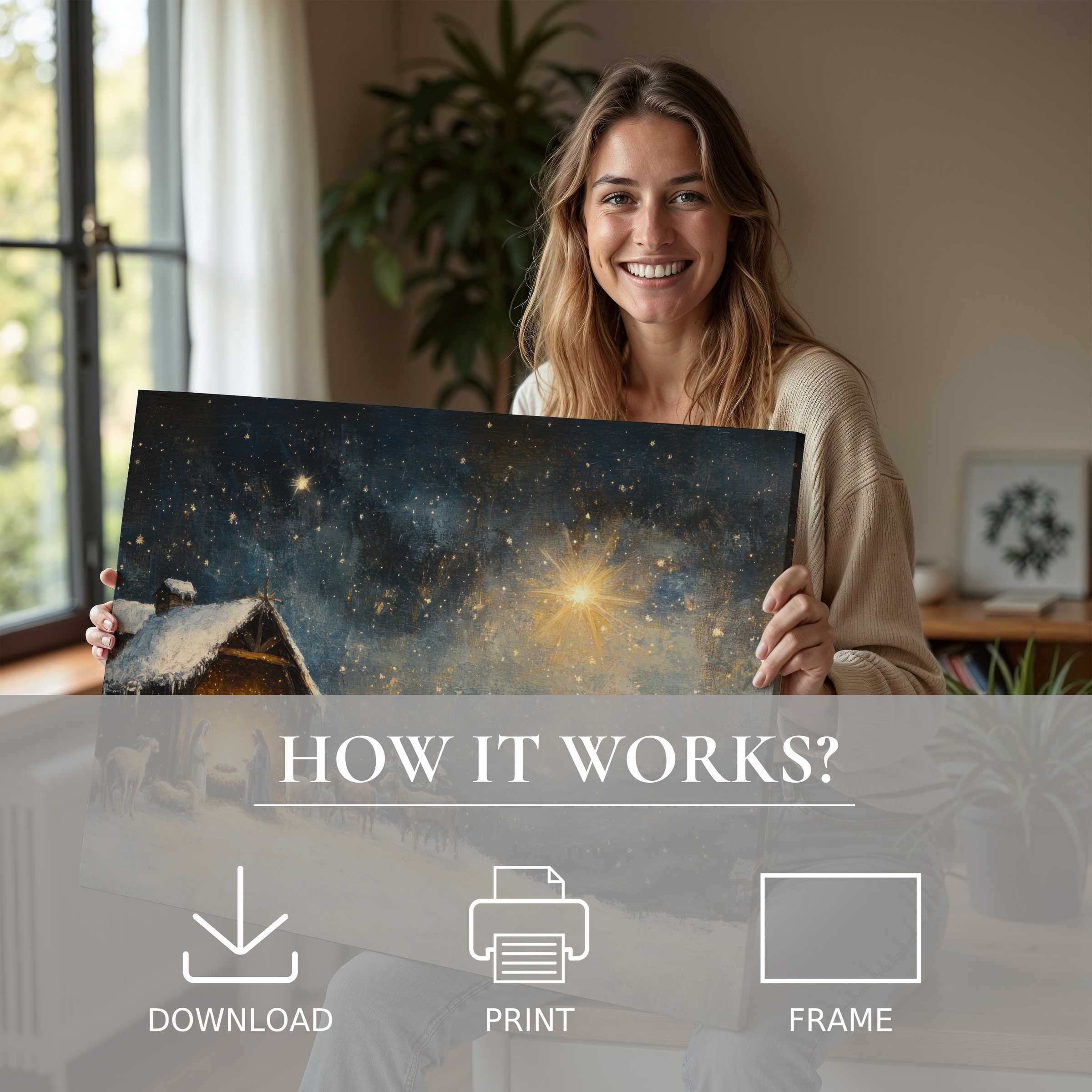 Radiant Christmas digital art print invites tranquil joy, effortlessly transforming modern homes with soulful holiday warmth and timeless elegance