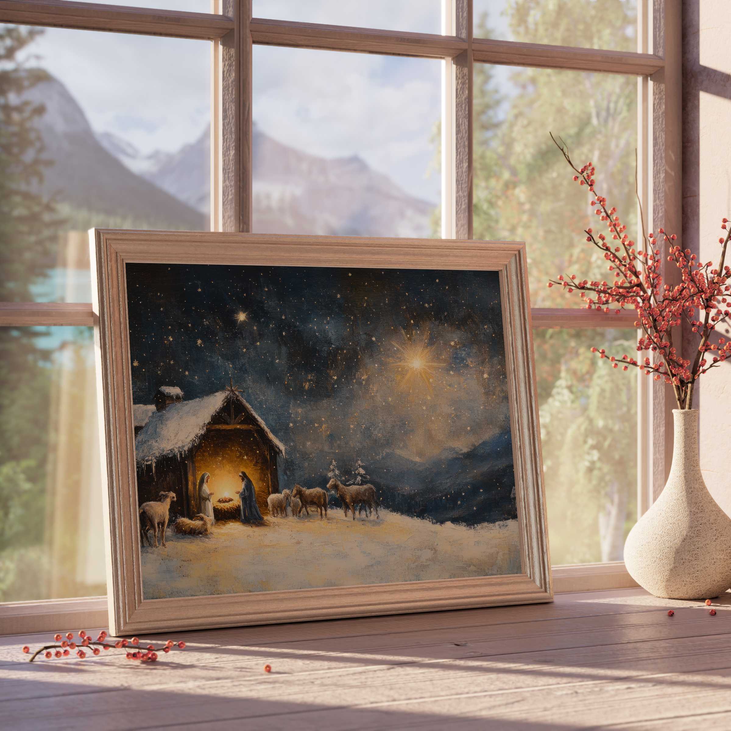 Christmas downloadable art capturing a serene nativity scene, infusing curated interiors with warm, tranquil elegance and timeless charm