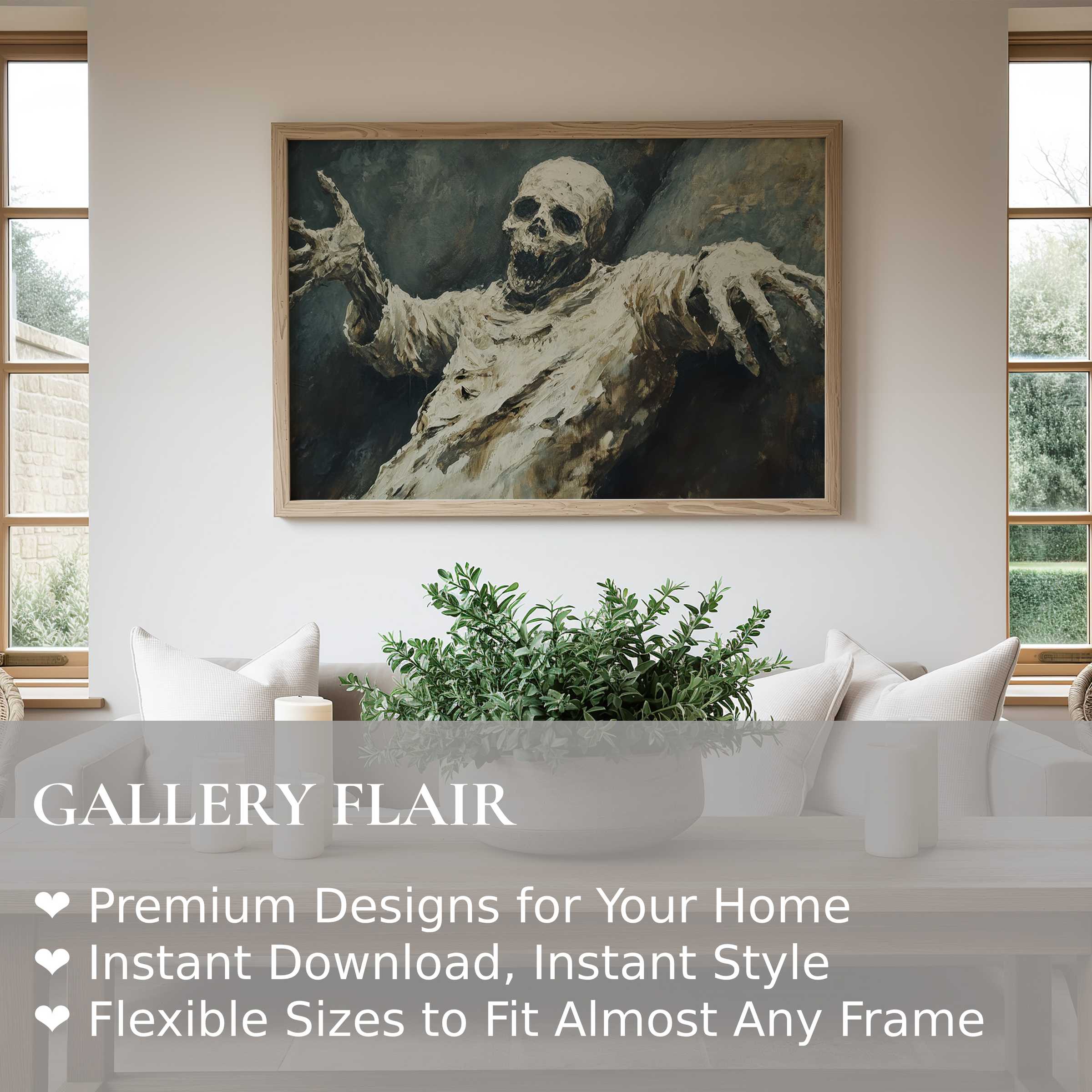 Halloween wall art print featuring a bold, eerie skeletal figure in dark tones, elevating modern minimalist interiors with dramatic flair